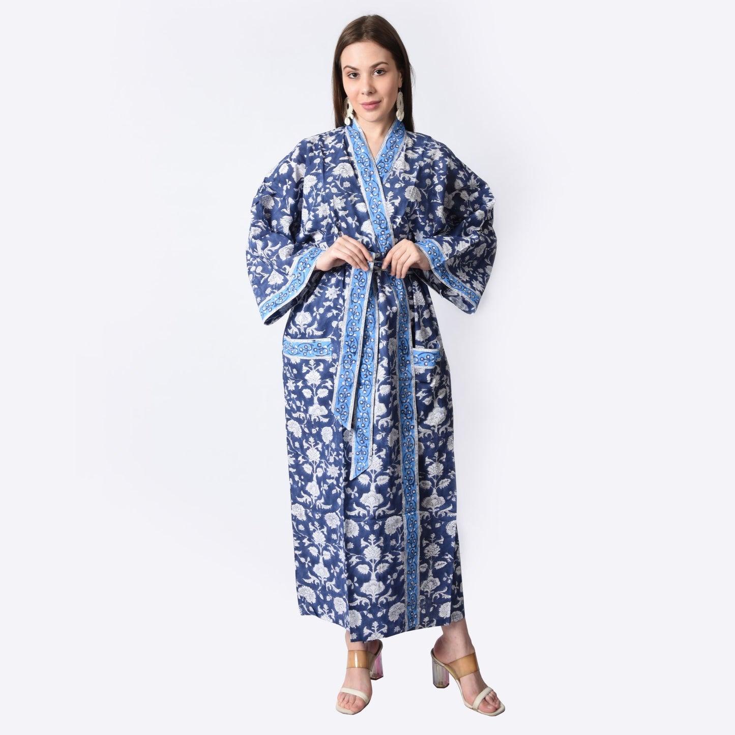 Hand Block Printed Sanganeri Jaipuri Floral Women Casual Kimono Dress Beach wear sleepwear belted dress