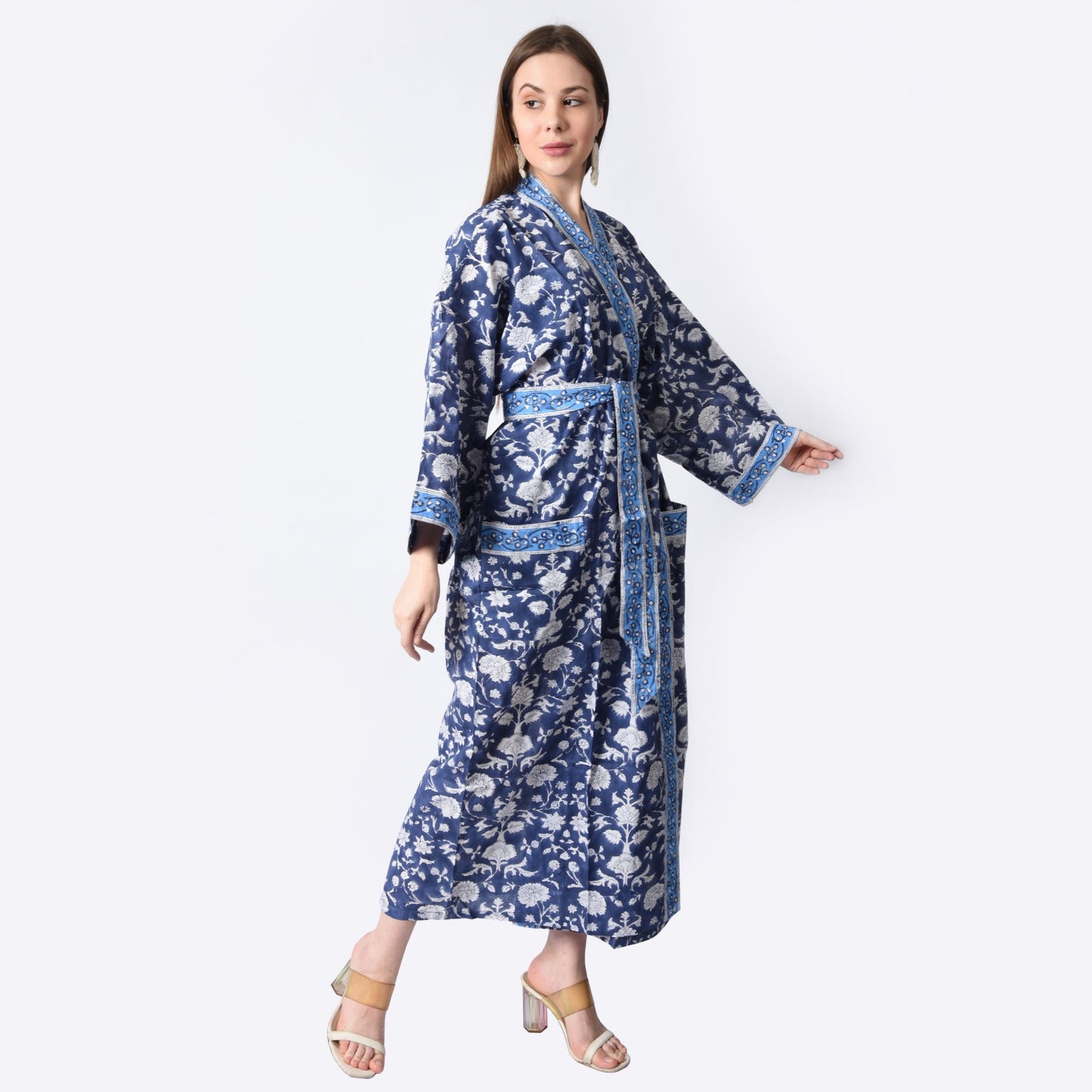 Hand Block Printed Sanganeri Jaipuri Floral Women Casual Kimono Dress Beach wear sleepwear belted dress