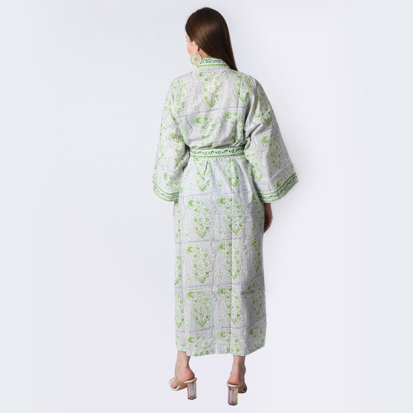 Hand Block Printed Sanganeri Jaipuri Floral Women Casual Kimono Dress Beach wear sleepwear belted dress