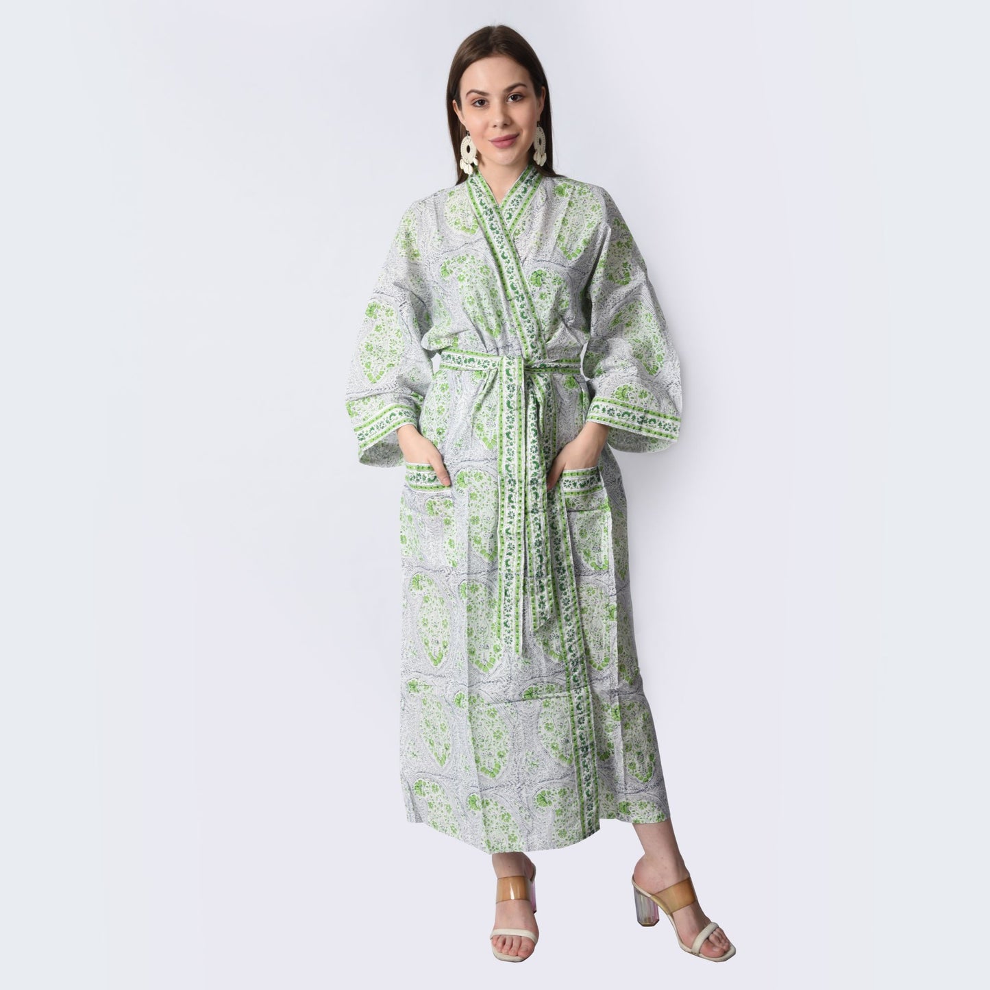Hand Block Printed Sanganeri Jaipuri Floral Women Casual Kimono Dress Beach wear sleepwear belted dress