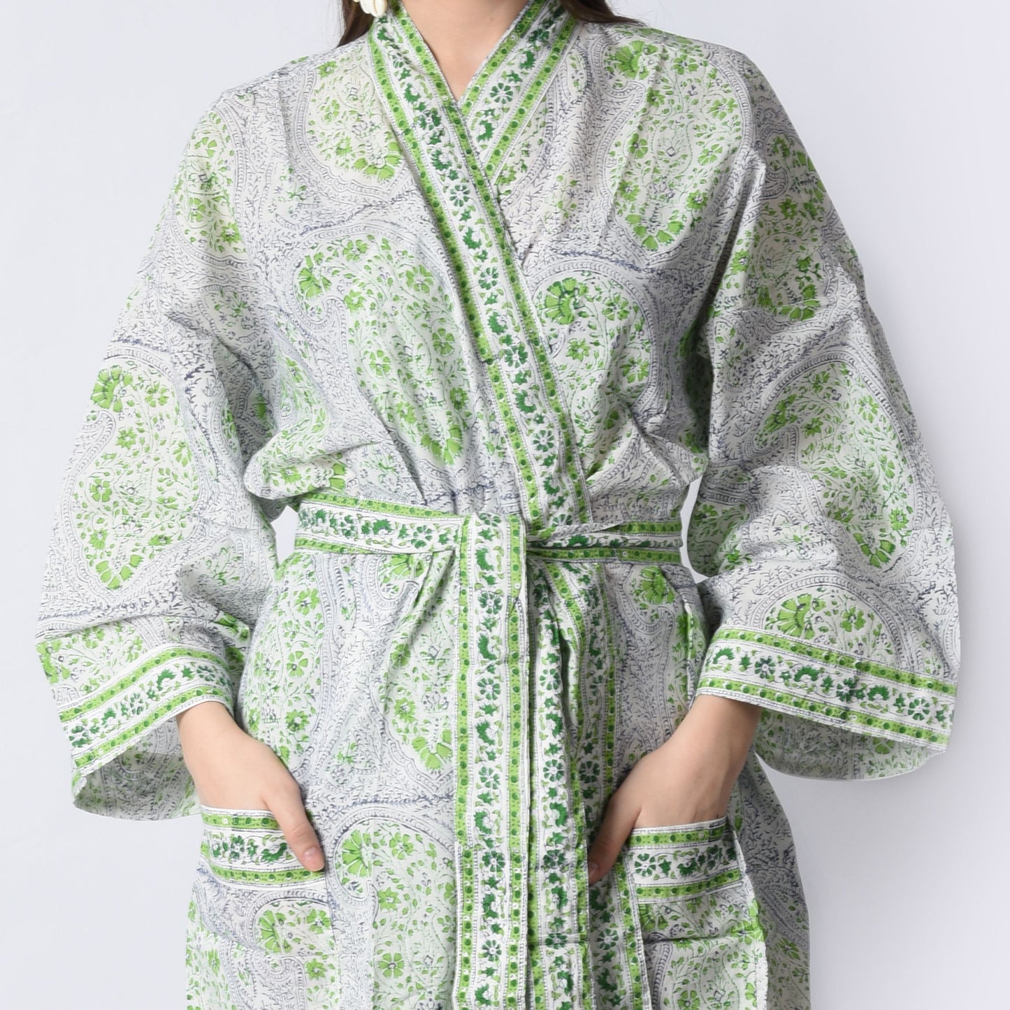 Hand Block Printed Sanganeri Jaipuri Floral Women Casual Kimono Dress Beach wear sleepwear belted dress