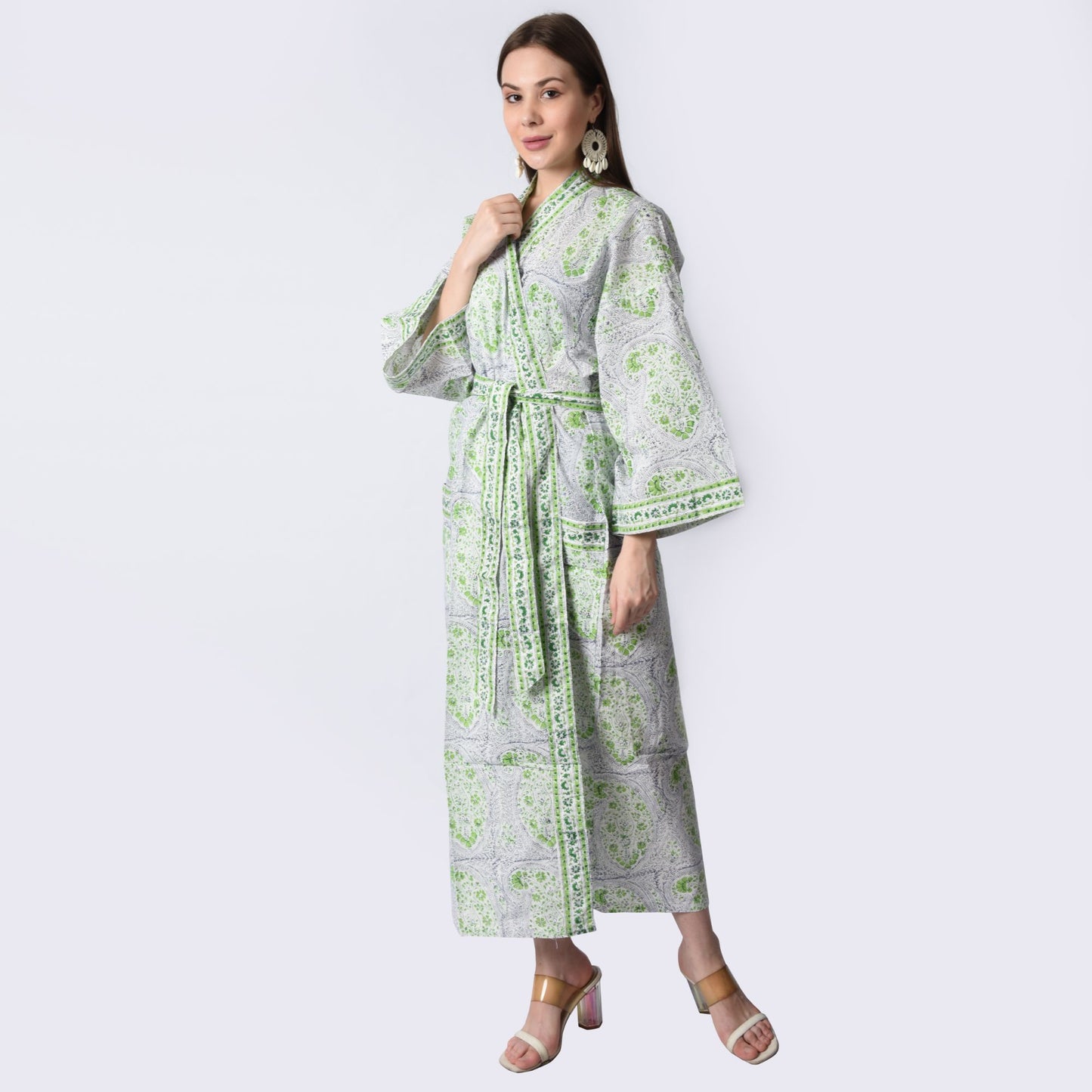 Hand Block Printed Sanganeri Jaipuri Floral Women Casual Kimono Dress Beach wear sleepwear belted dress