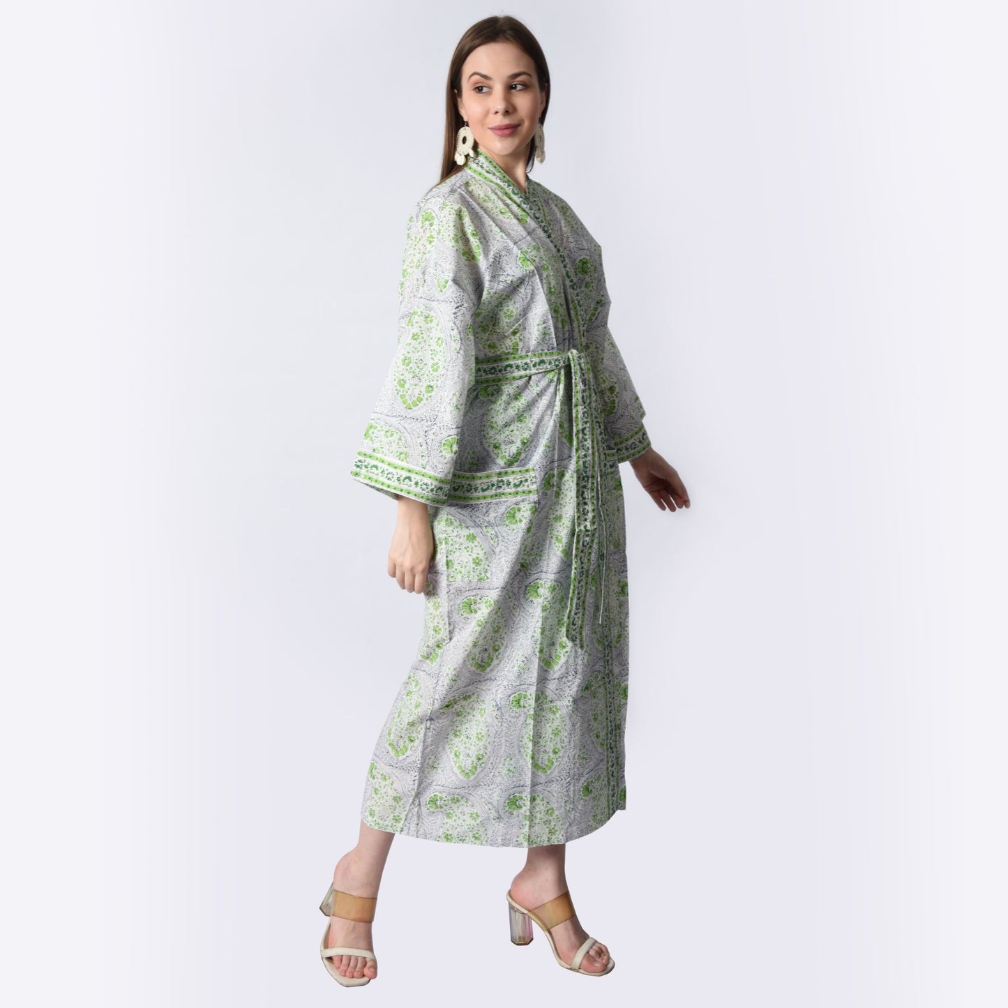 Hand Block Printed Sanganeri Jaipuri Floral Women Casual Kimono Dress Beach wear sleepwear belted dress