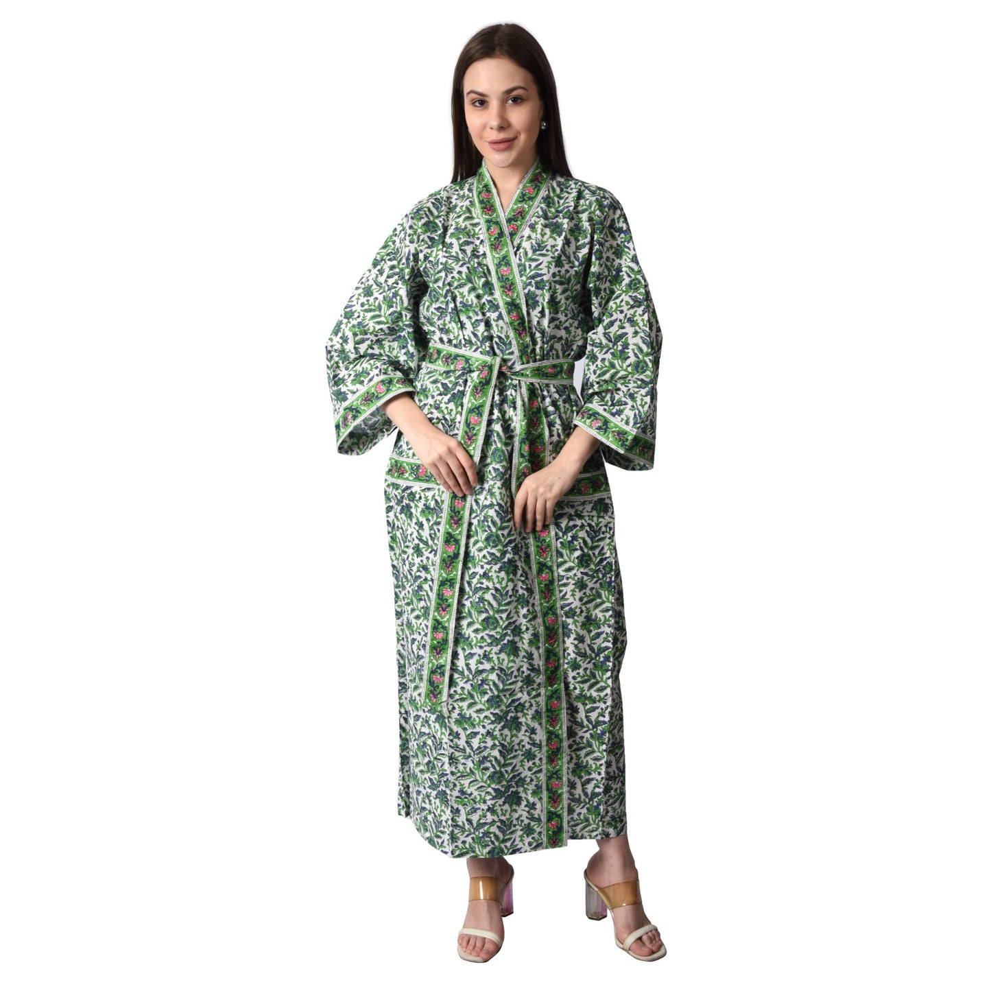 Hand Block Printed Sanganeri Jaipuri Floral Women Casual Kimono Dress Beach wear sleepwear belted dress