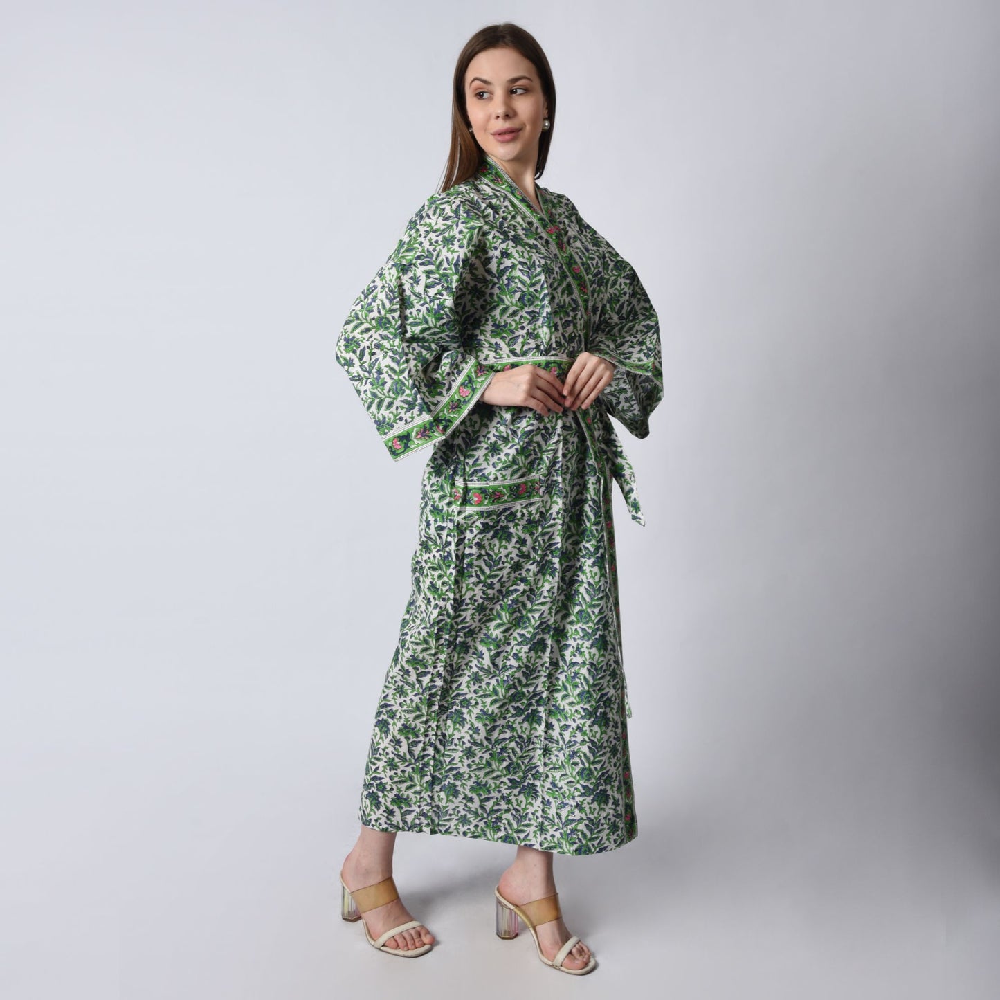 Hand Block Printed Sanganeri Jaipuri Floral Women Casual Kimono Dress Beach wear sleepwear belted dress