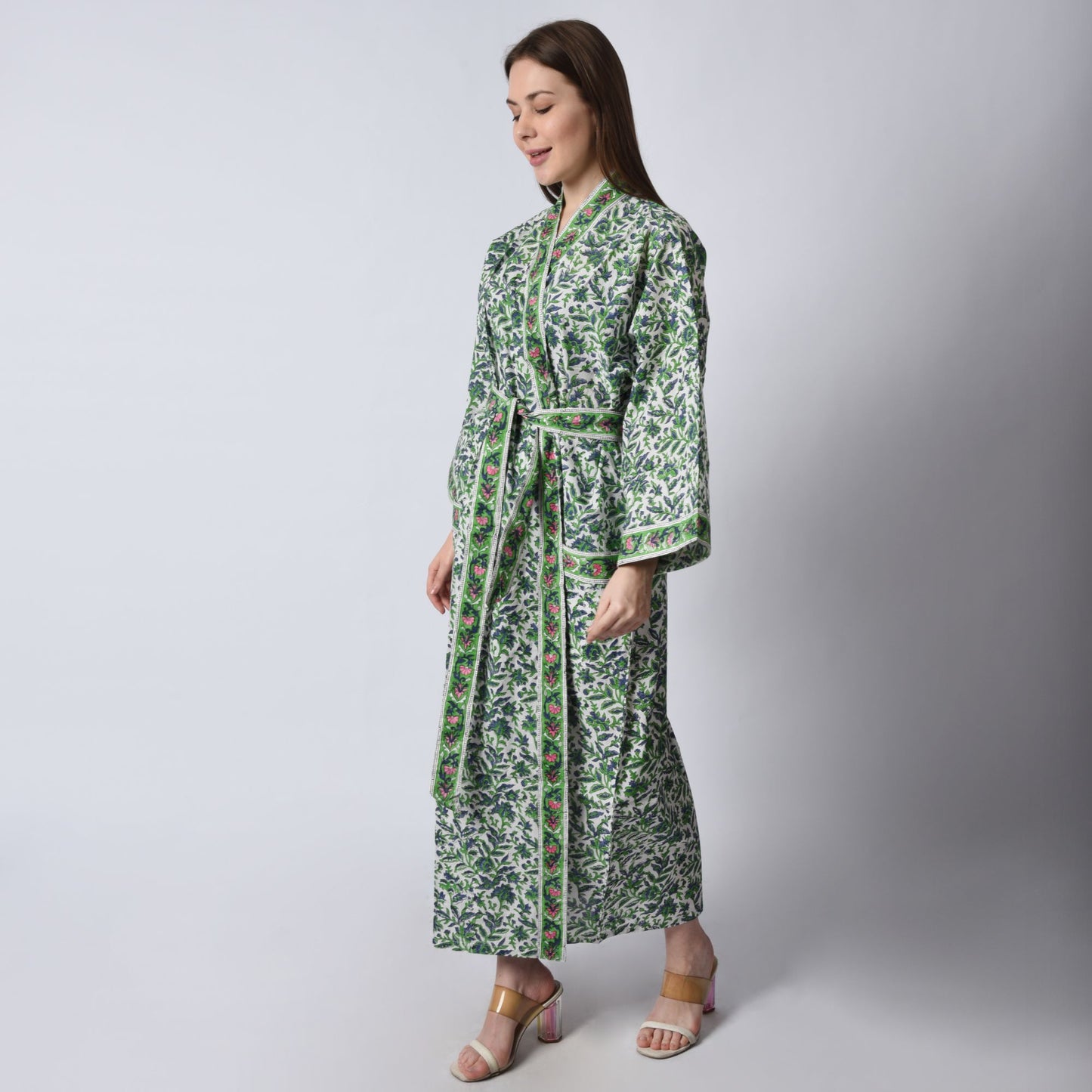 Hand Block Printed Sanganeri Jaipuri Floral Women Casual Kimono Dress Beach wear sleepwear belted dress