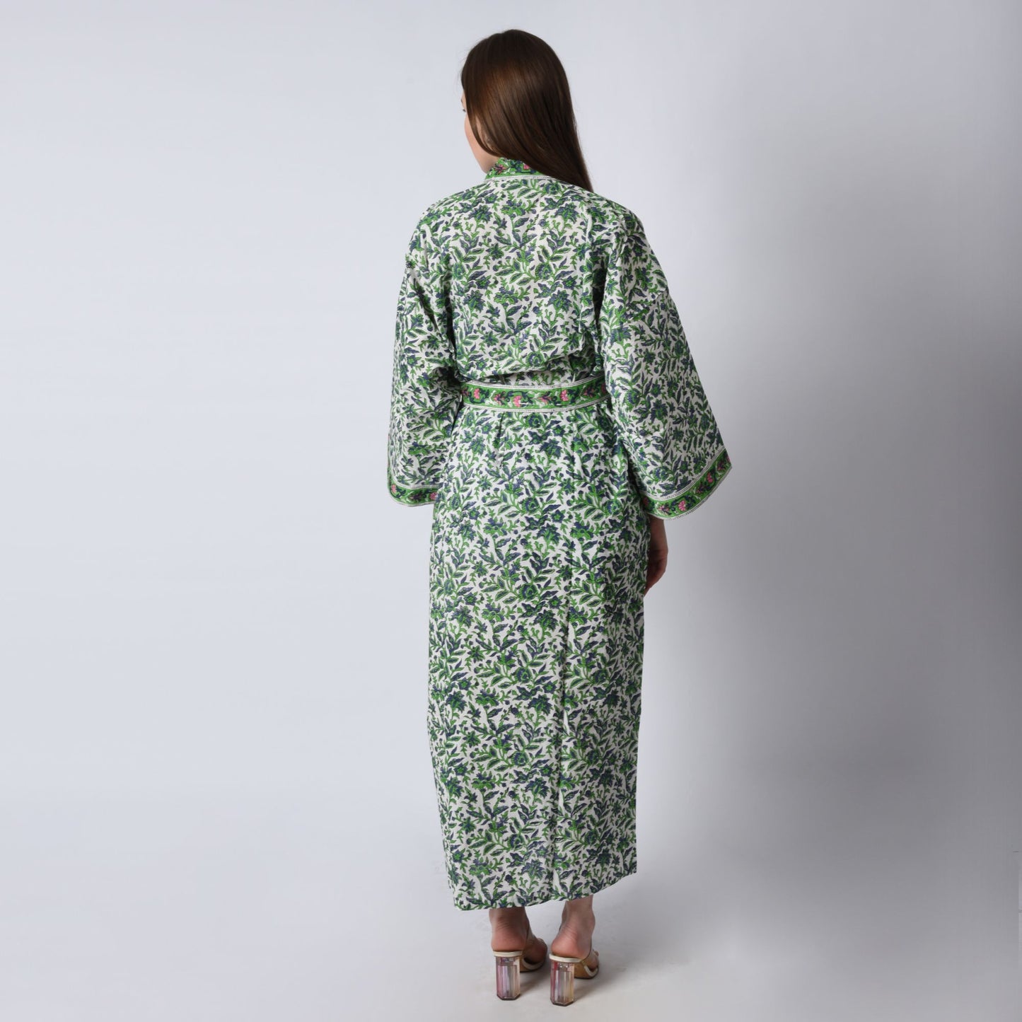 Hand Block Printed Sanganeri Jaipuri Floral Women Casual Kimono Dress Beach wear sleepwear belted dress