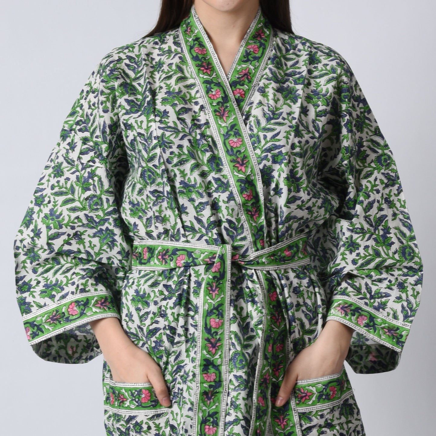 Hand Block Printed Sanganeri Jaipuri Floral Women Casual Kimono Dress Beach wear sleepwear belted dress