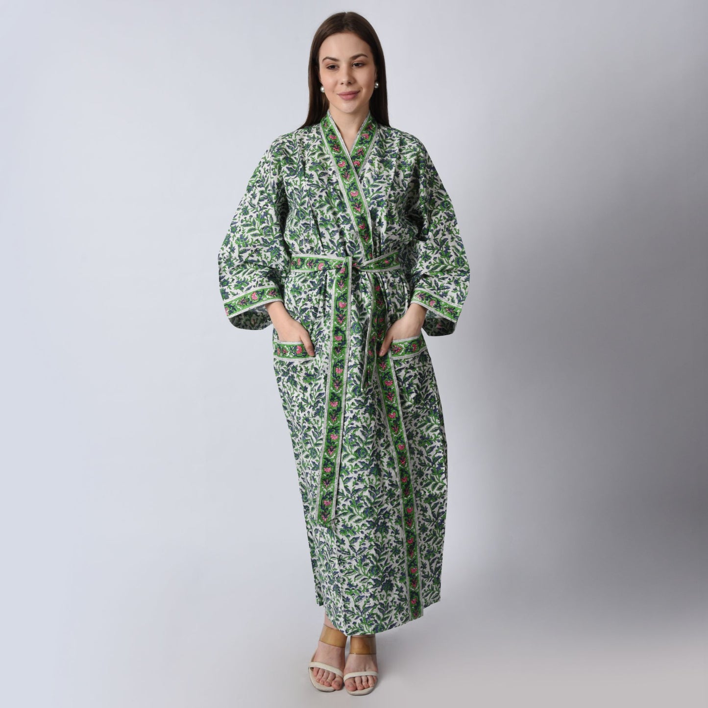 Hand Block Printed Sanganeri Jaipuri Floral Women Casual Kimono Dress Beach wear sleepwear belted dress