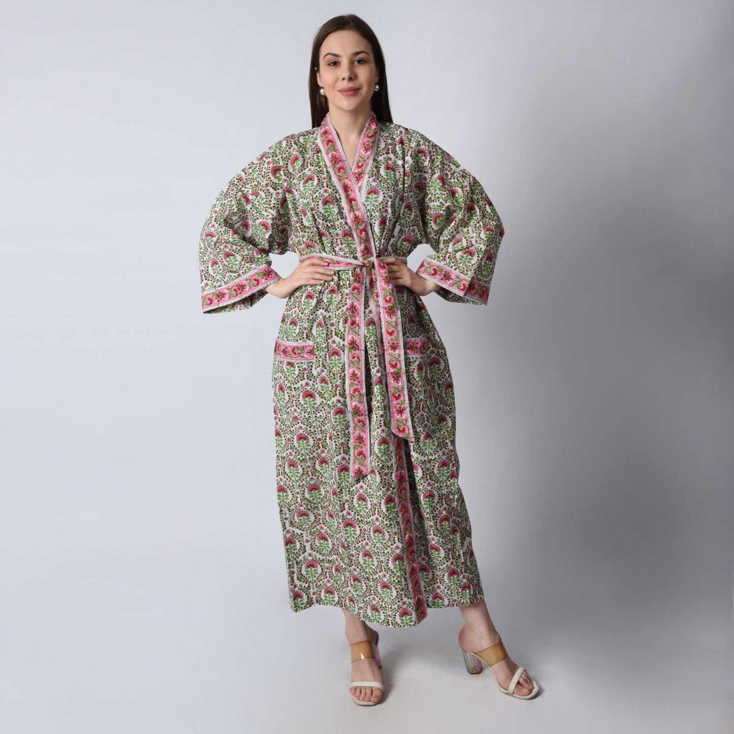 Hand Block Printed Sanganeri Jaipuri Floral Women Casual Kimono Dress Beach wear sleepwear belted dress