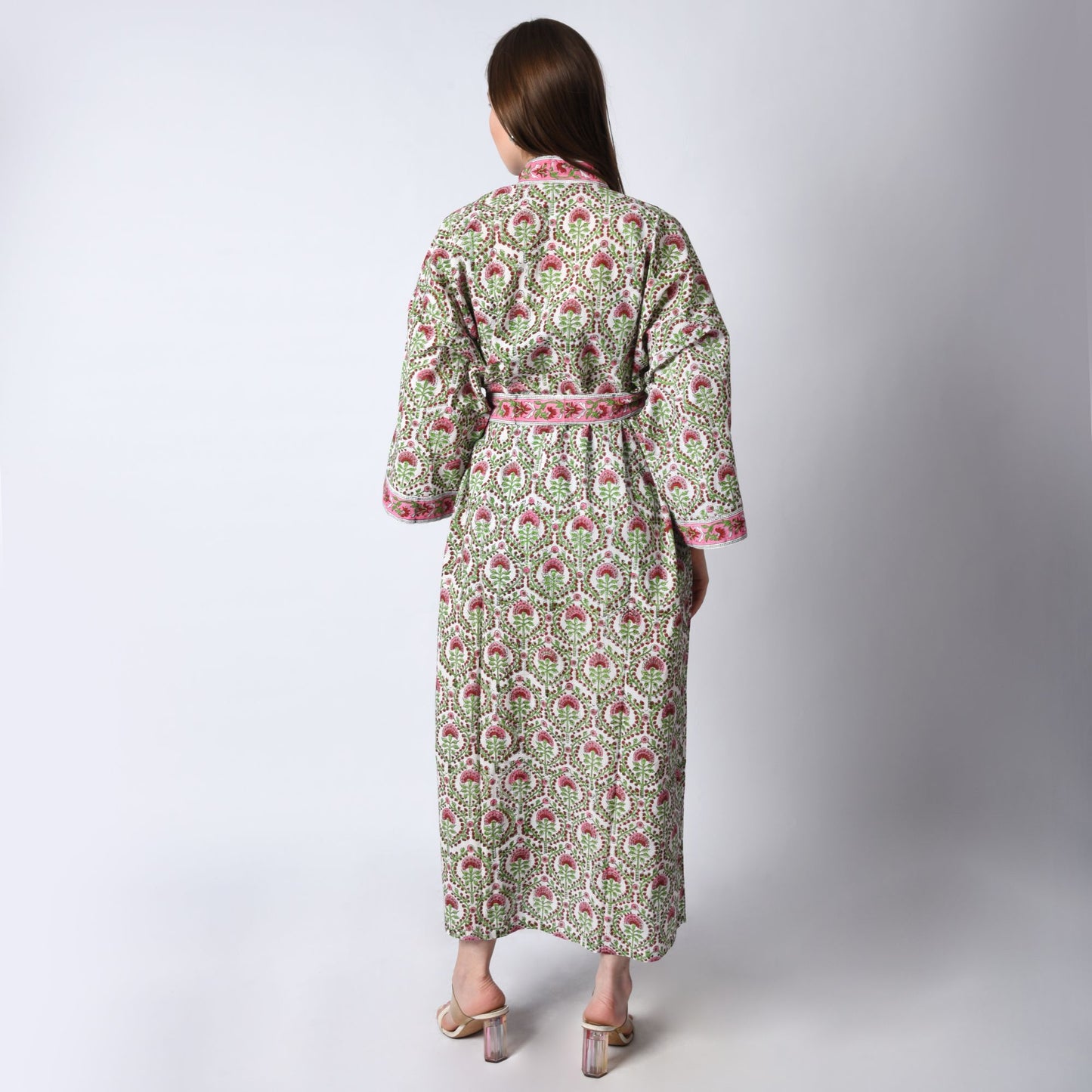 Hand Block Printed Sanganeri Jaipuri Floral Women Casual Kimono Dress Beach wear sleepwear belted dress