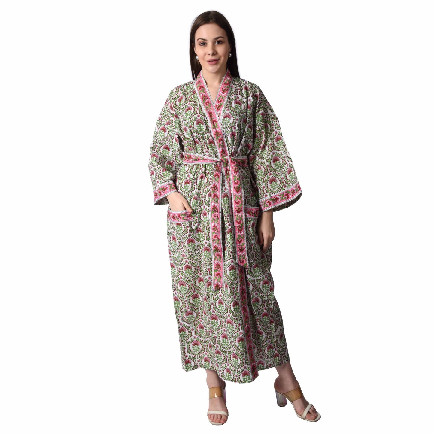 Hand Block Printed Sanganeri Jaipuri Floral Women Casual Kimono Dress Beach wear sleepwear belted dress