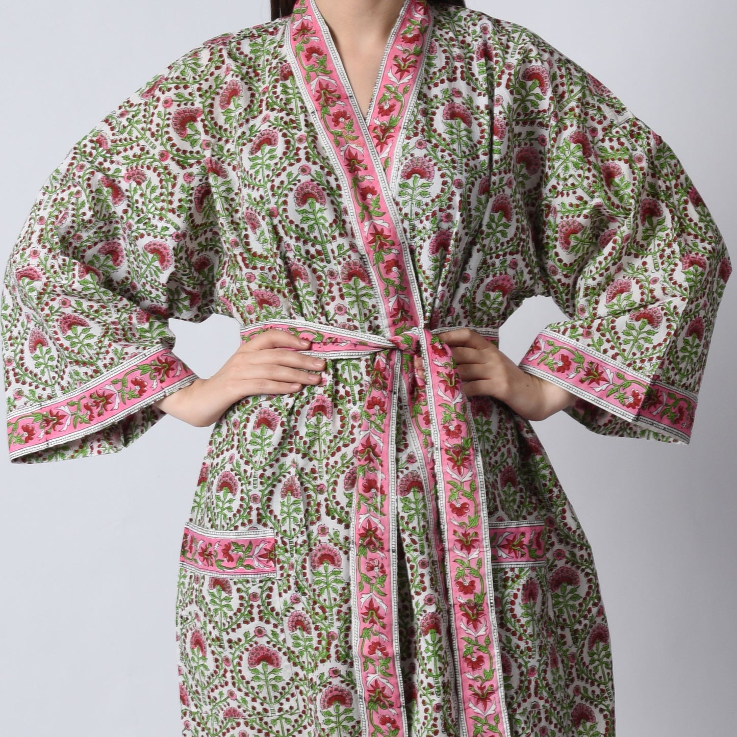 Hand Block Printed Sanganeri Jaipuri Floral Women Casual Kimono Dress Beach wear sleepwear belted dress