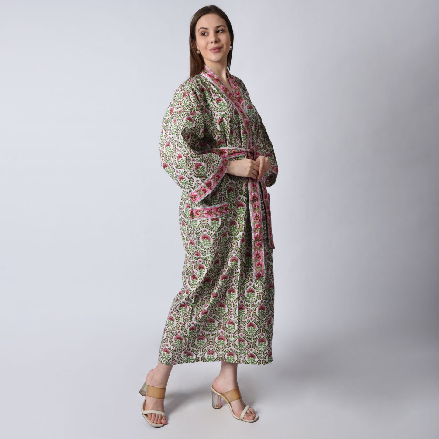 Hand Block Printed Sanganeri Jaipuri Floral Women Casual Kimono Dress Beach wear sleepwear belted dress