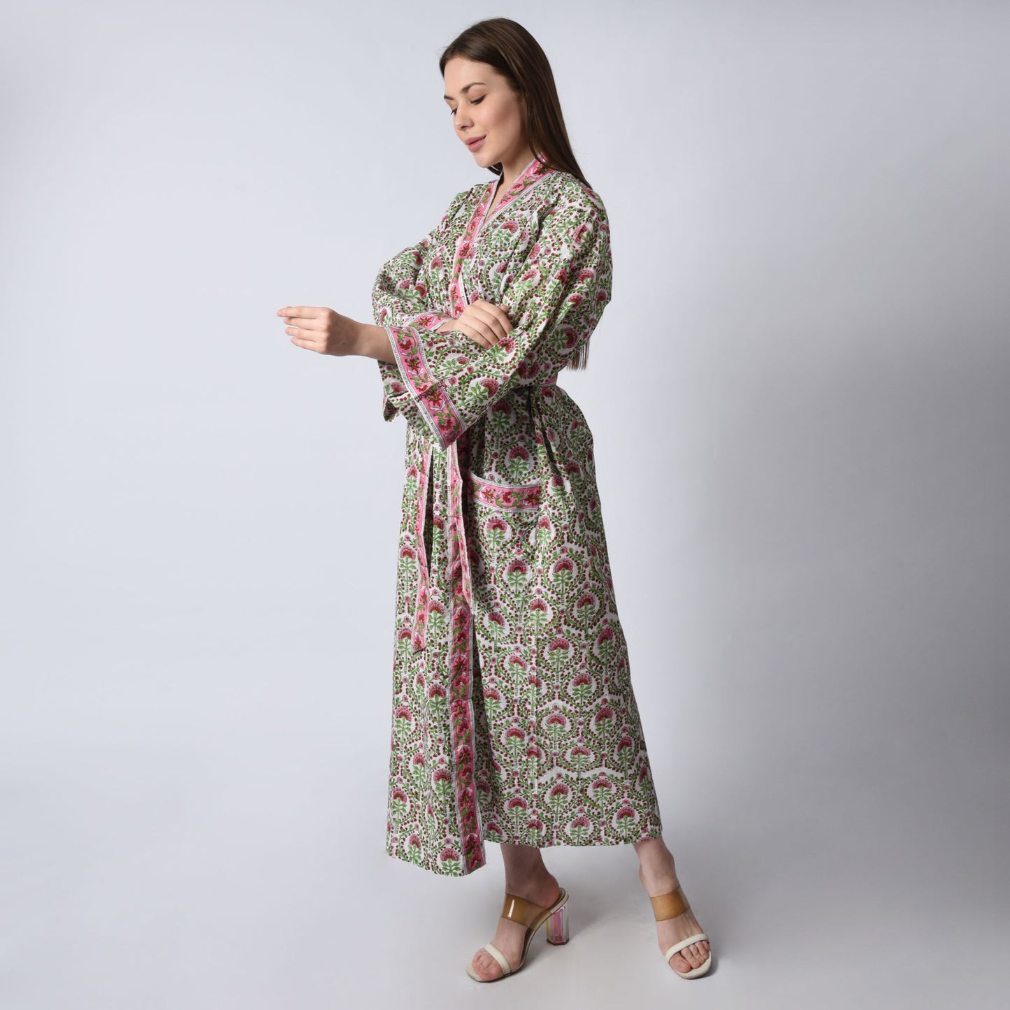 Hand Block Printed Sanganeri Jaipuri Floral Women Casual Kimono Dress Beach wear sleepwear belted dress