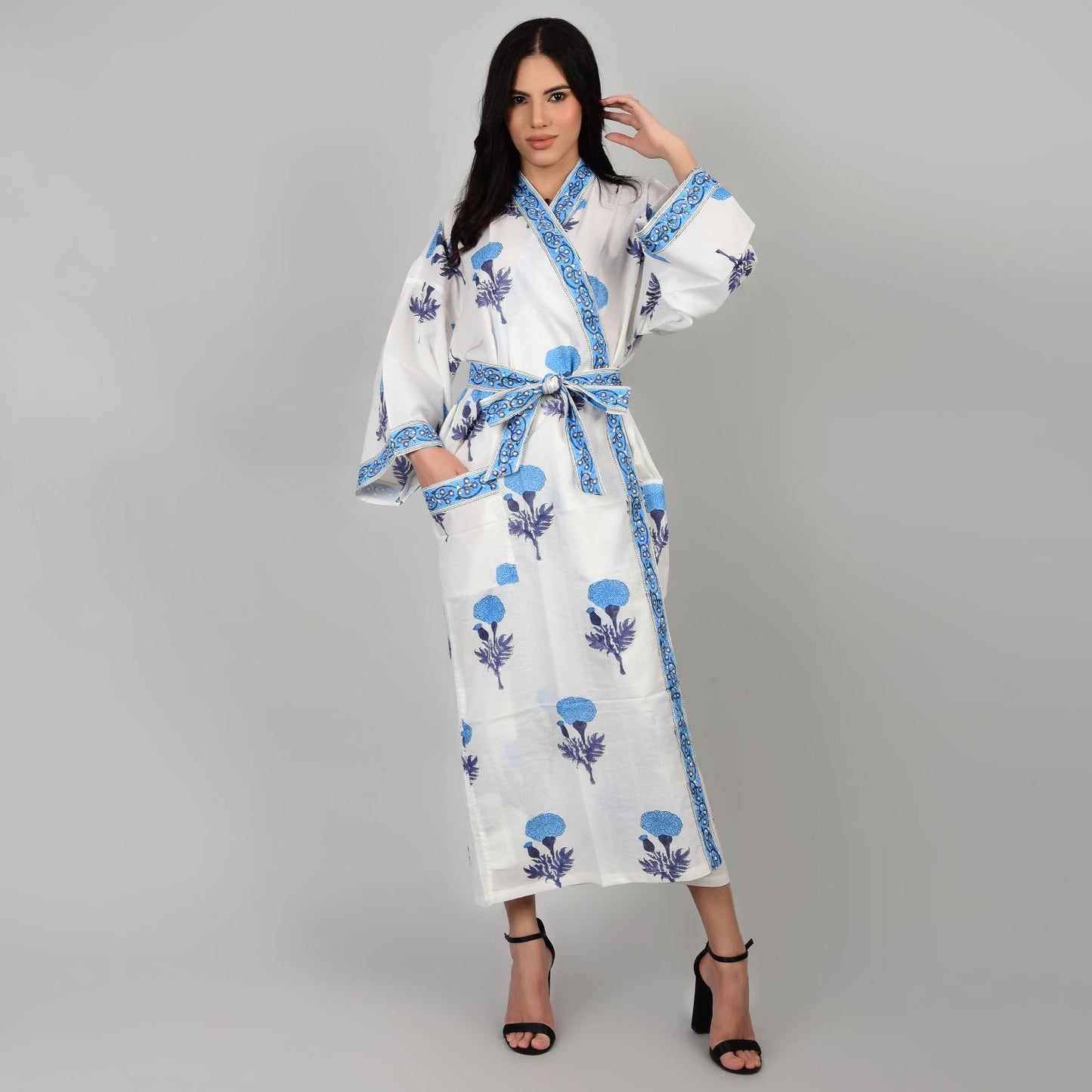 Hand Block Printed Sanganeri Jaipuri Floral Women Casual Kimono Dress Beach wear sleepwear belted dress