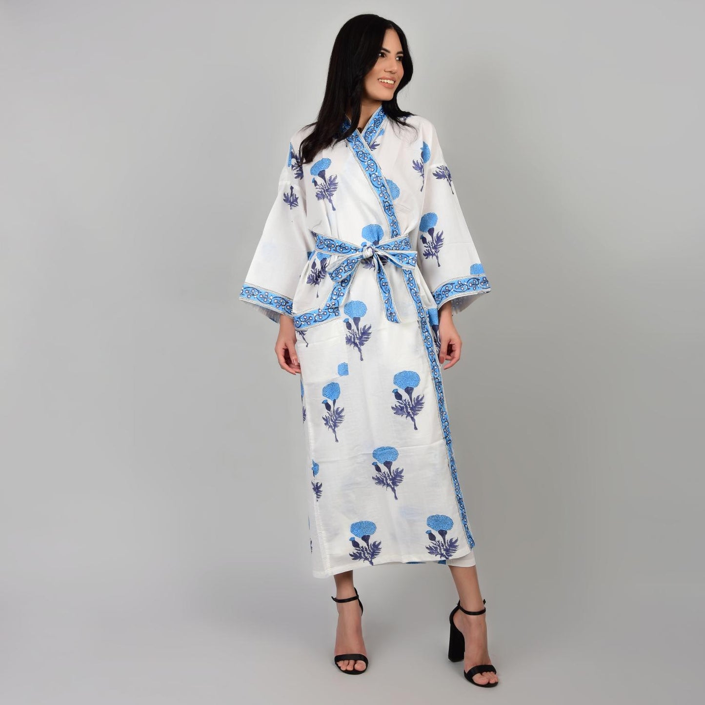 Hand Block Printed Sanganeri Jaipuri Floral Women Casual Kimono Dress Beach wear sleepwear belted dress