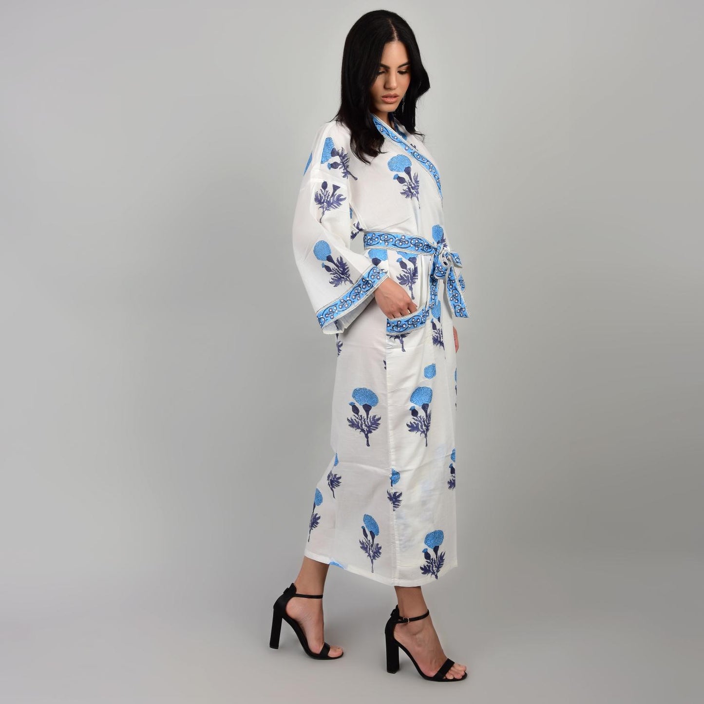 Hand Block Printed Sanganeri Jaipuri Floral Women Casual Kimono Dress Beach wear sleepwear belted dress