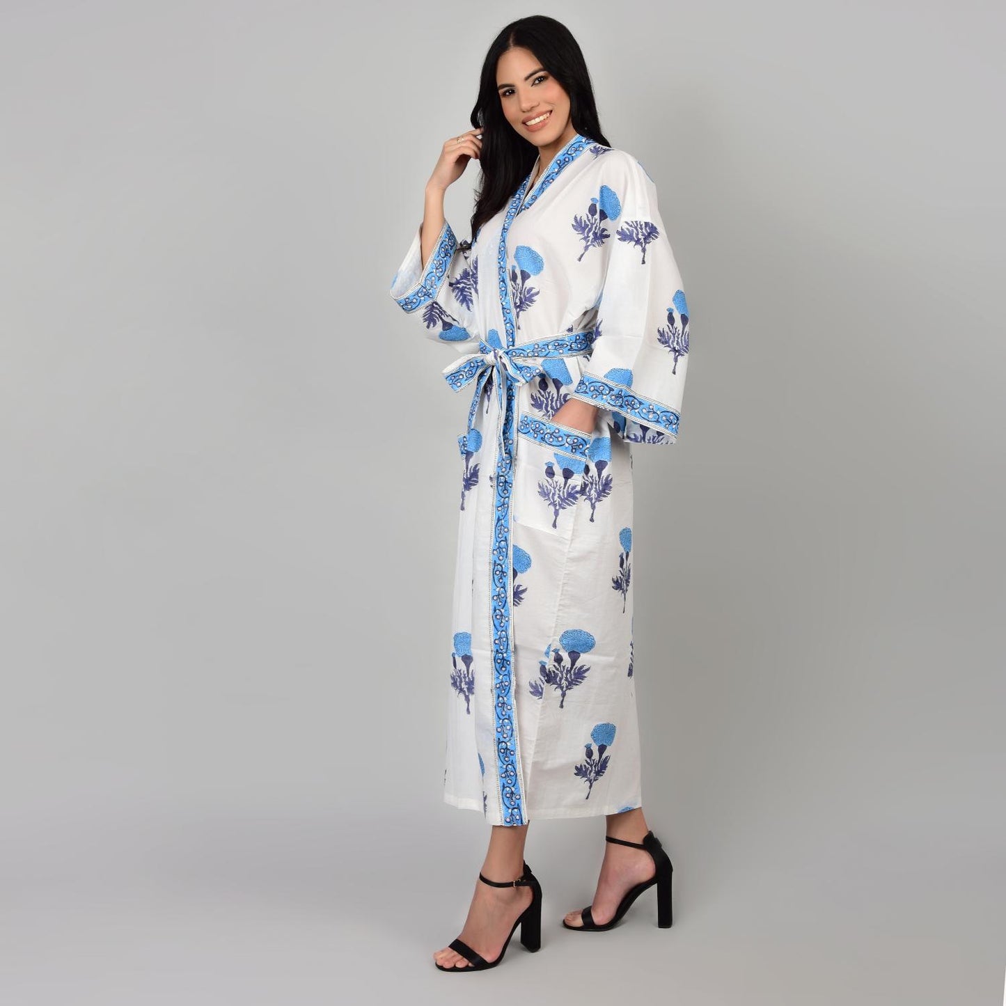 Hand Block Printed Sanganeri Jaipuri Floral Women Casual Kimono Dress Beach wear sleepwear belted dress