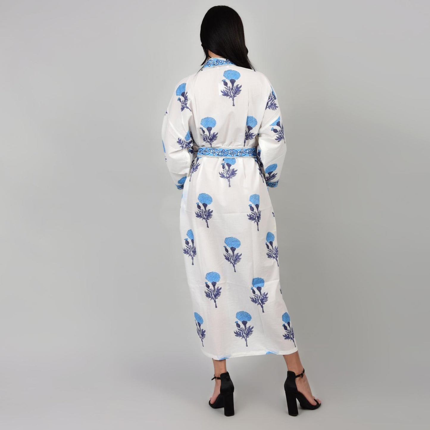 Hand Block Printed Sanganeri Jaipuri Floral Women Casual Kimono Dress Beach wear sleepwear belted dress