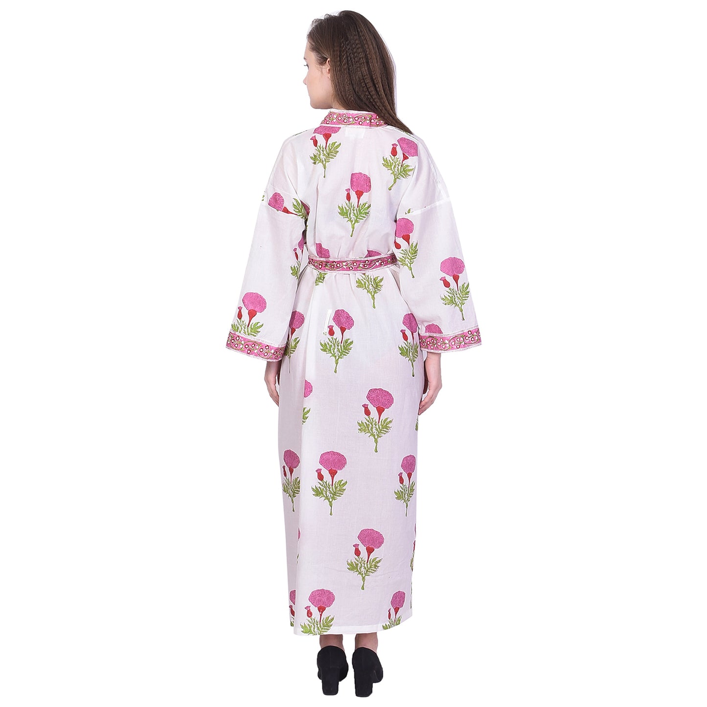 Hand Block Printed Sanganeri Jaipuri Floral Women Casual Kimono Dress Beach wear sleepwear belted dress