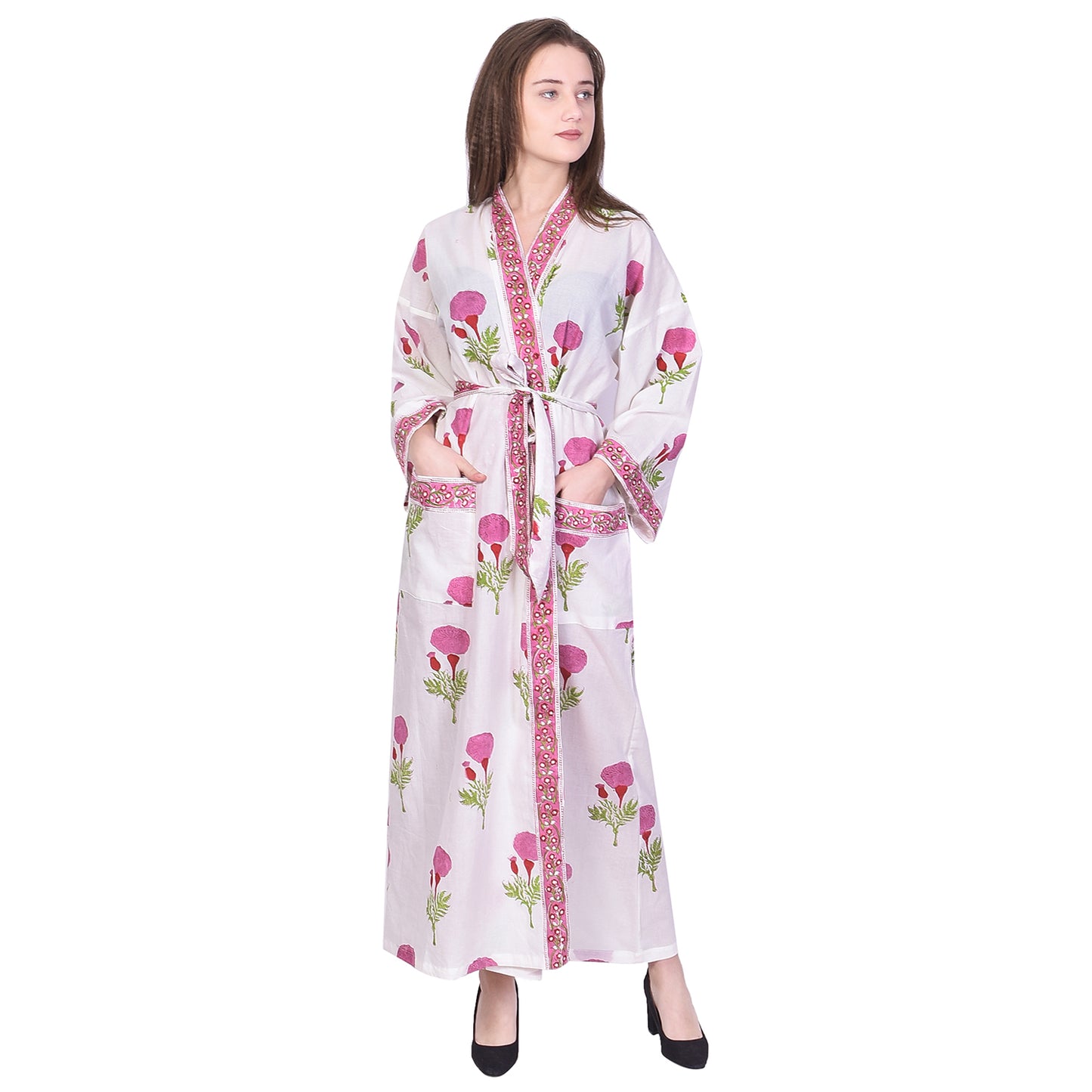 Hand Block Printed Sanganeri Jaipuri Floral Women Casual Kimono Dress Beach wear sleepwear belted dress