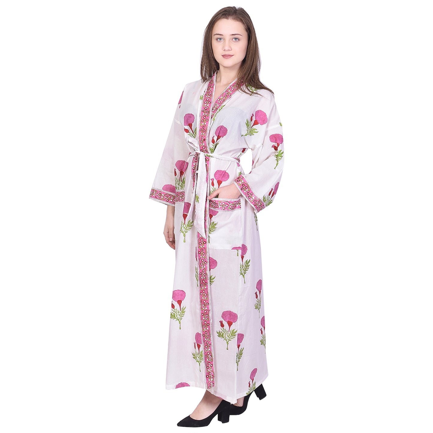 Hand Block Printed Sanganeri Jaipuri Floral Women Casual Kimono Dress Beach wear sleepwear belted dress
