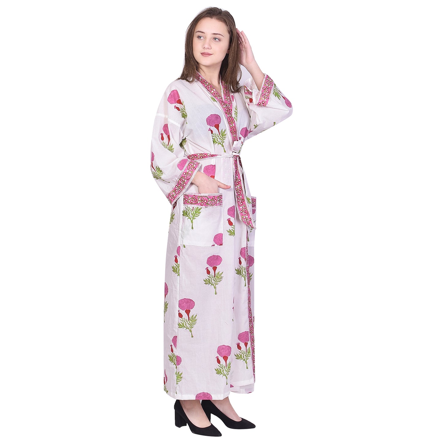 Hand Block Printed Sanganeri Jaipuri Floral Women Casual Kimono Dress Beach wear sleepwear belted dress