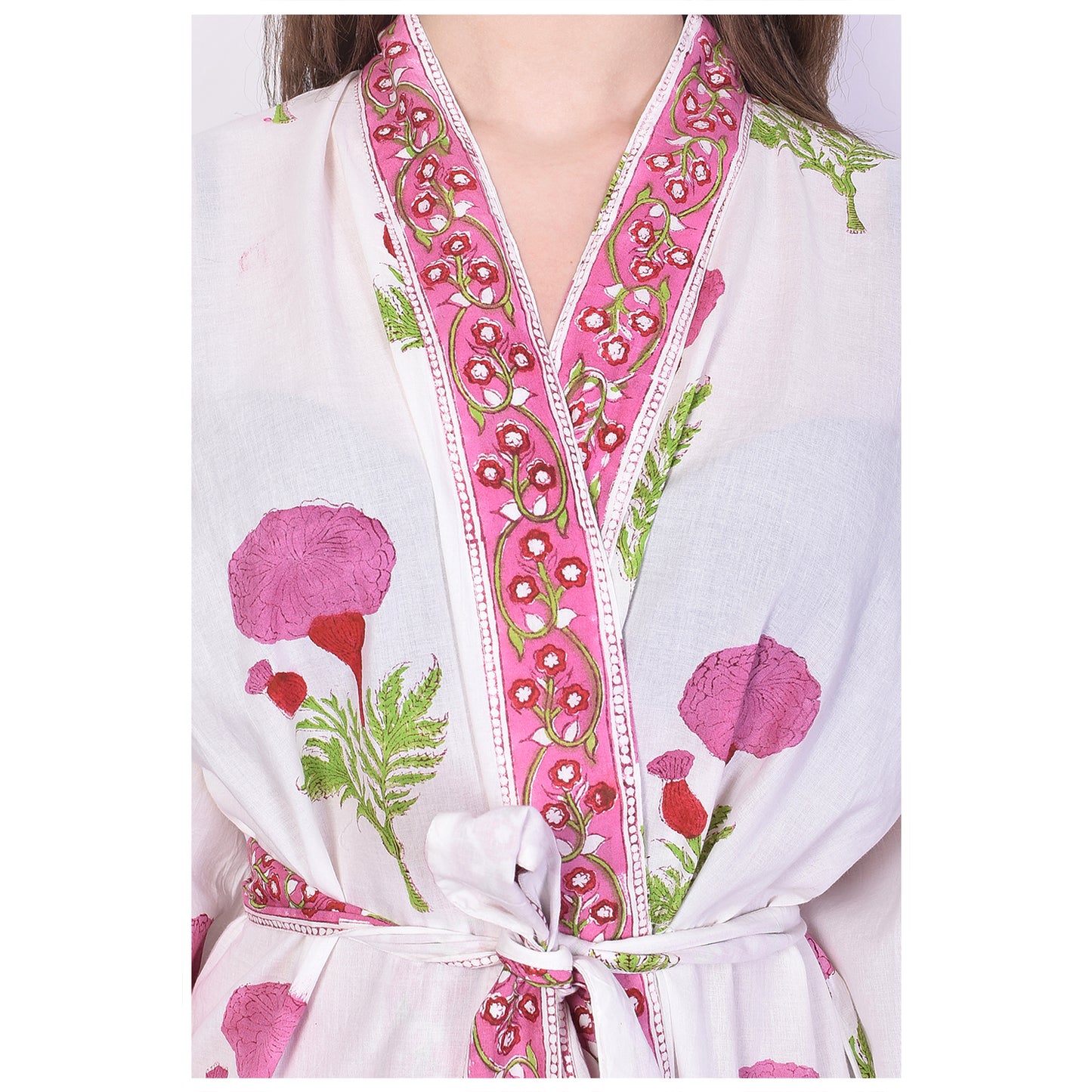 Hand Block Printed Sanganeri Jaipuri Floral Women Casual Kimono Dress Beach wear sleepwear belted dress