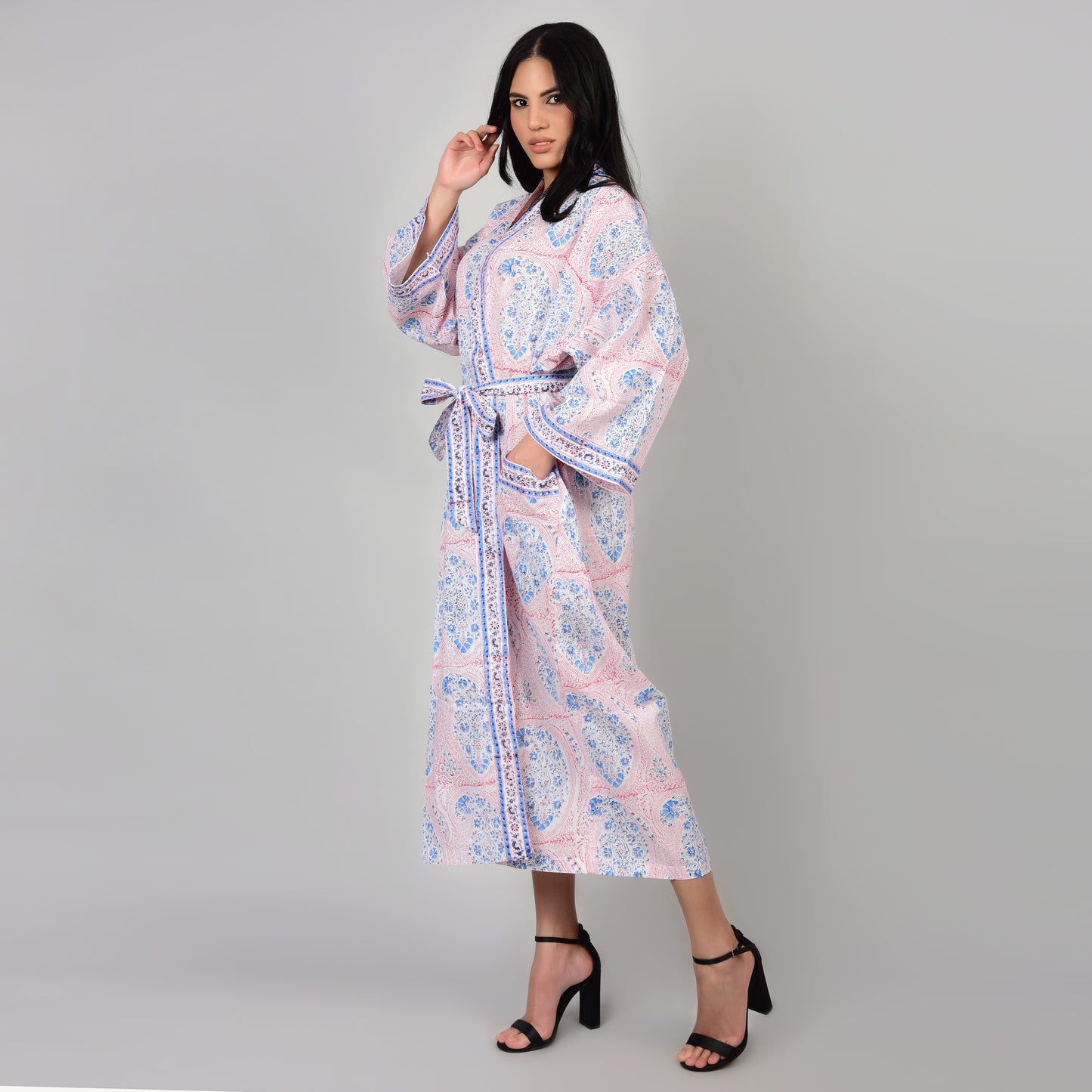 Hand Block Printed Sanganeri Jaipuri Floral Women Casual Kimono Dress Beach wear sleepwear belted dress