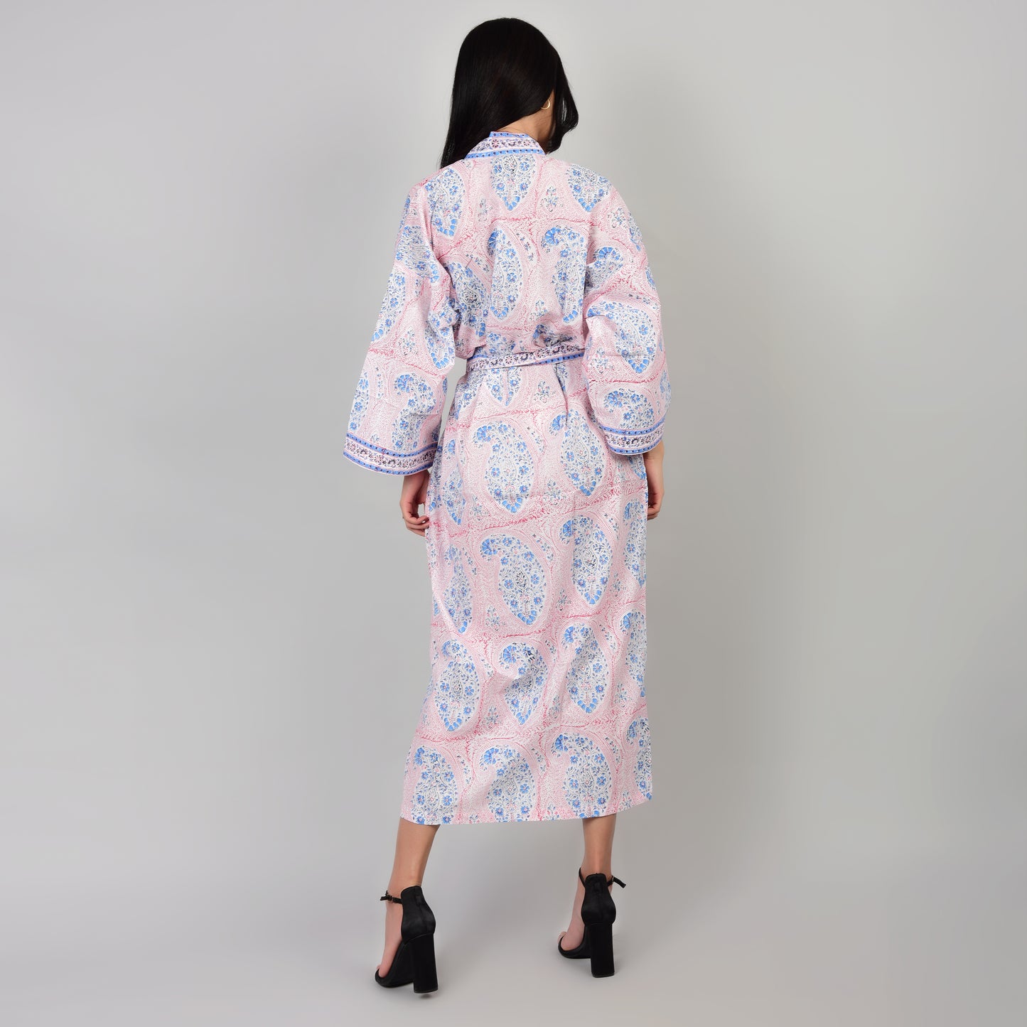 Hand Block Printed Sanganeri Jaipuri Floral Women Casual Kimono Dress Beach wear sleepwear belted dress