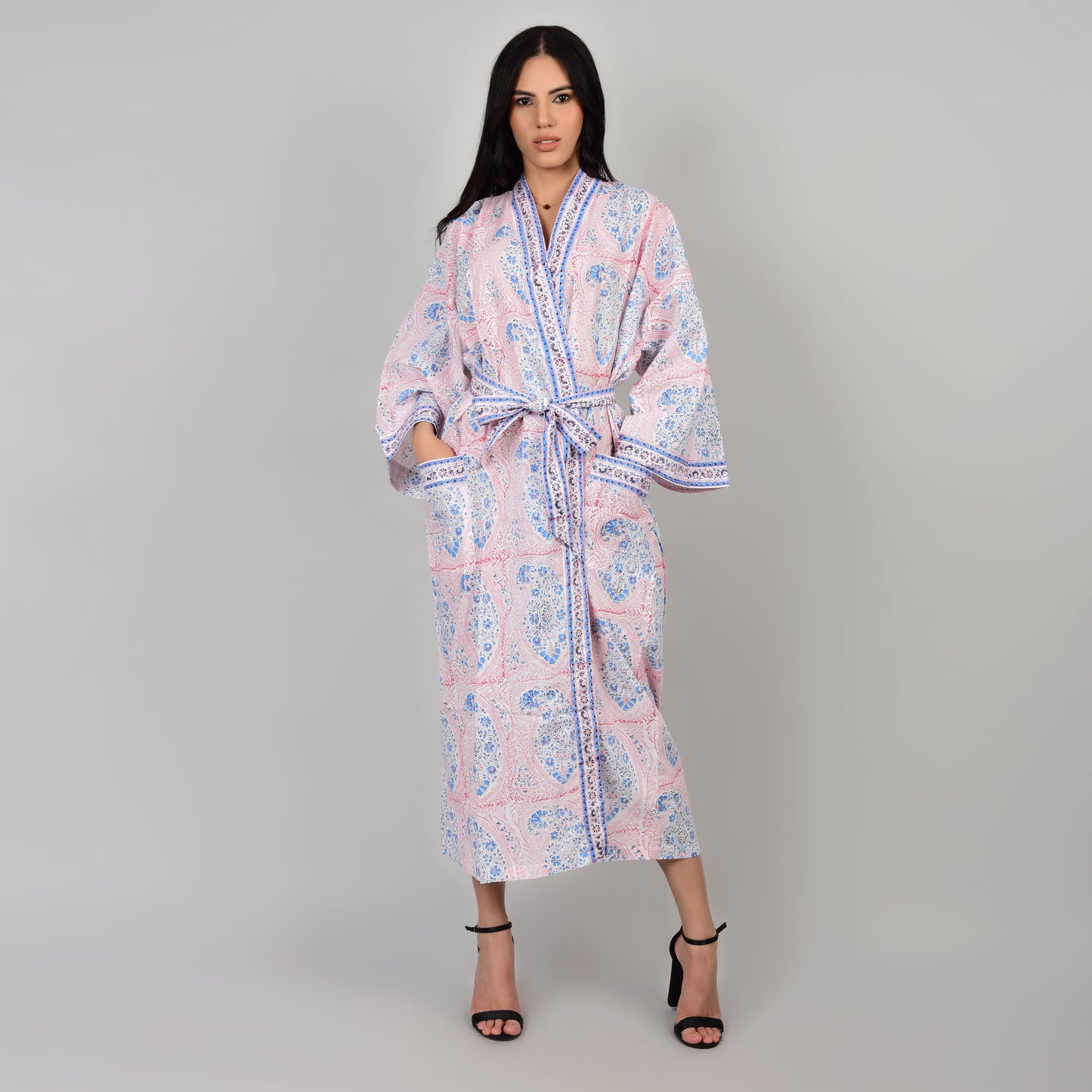 Hand Block Printed Sanganeri Jaipuri Floral Women Casual Kimono Dress Beach wear sleepwear belted dress