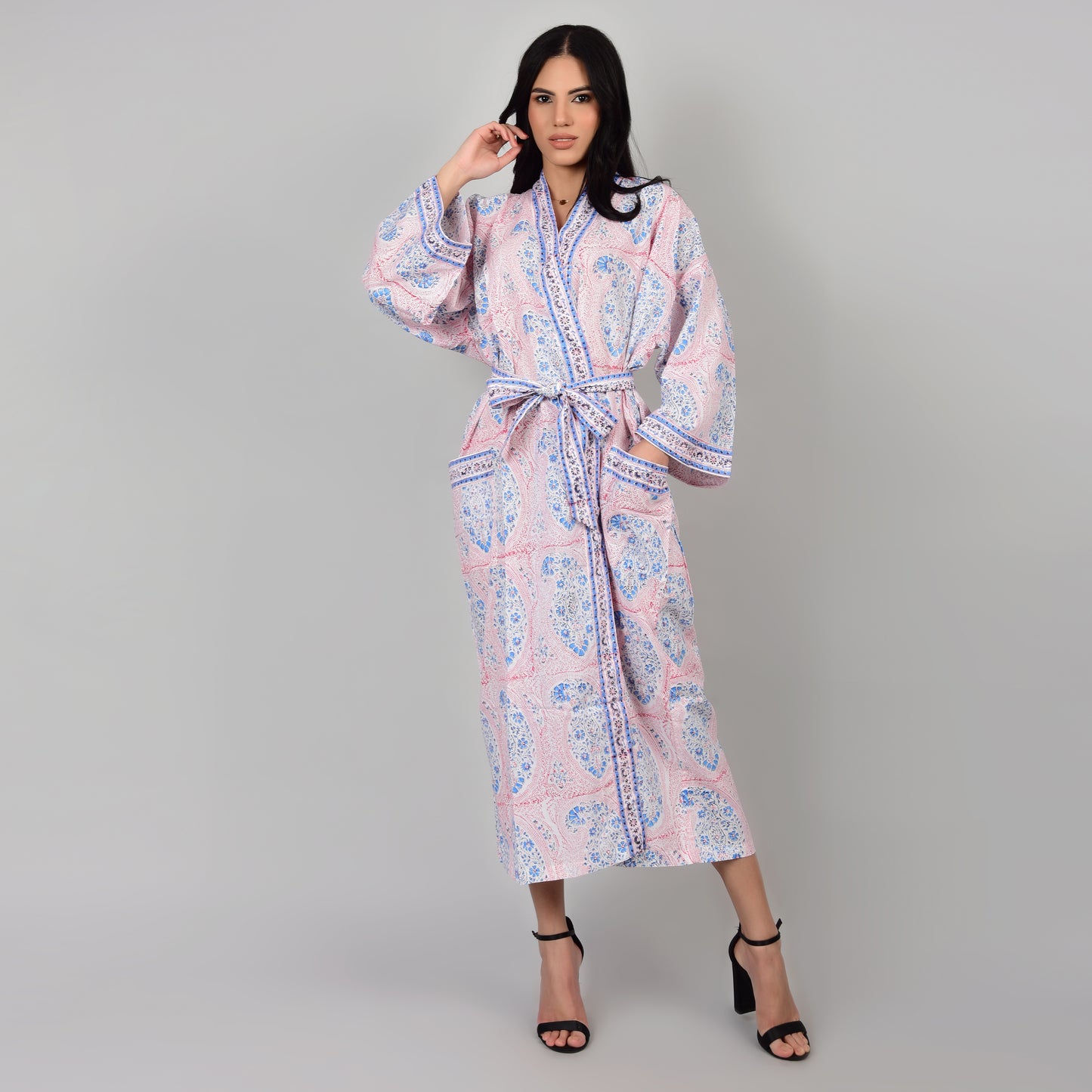 Hand Block Printed Sanganeri Jaipuri Floral Women Casual Kimono Dress Beach wear sleepwear belted dress