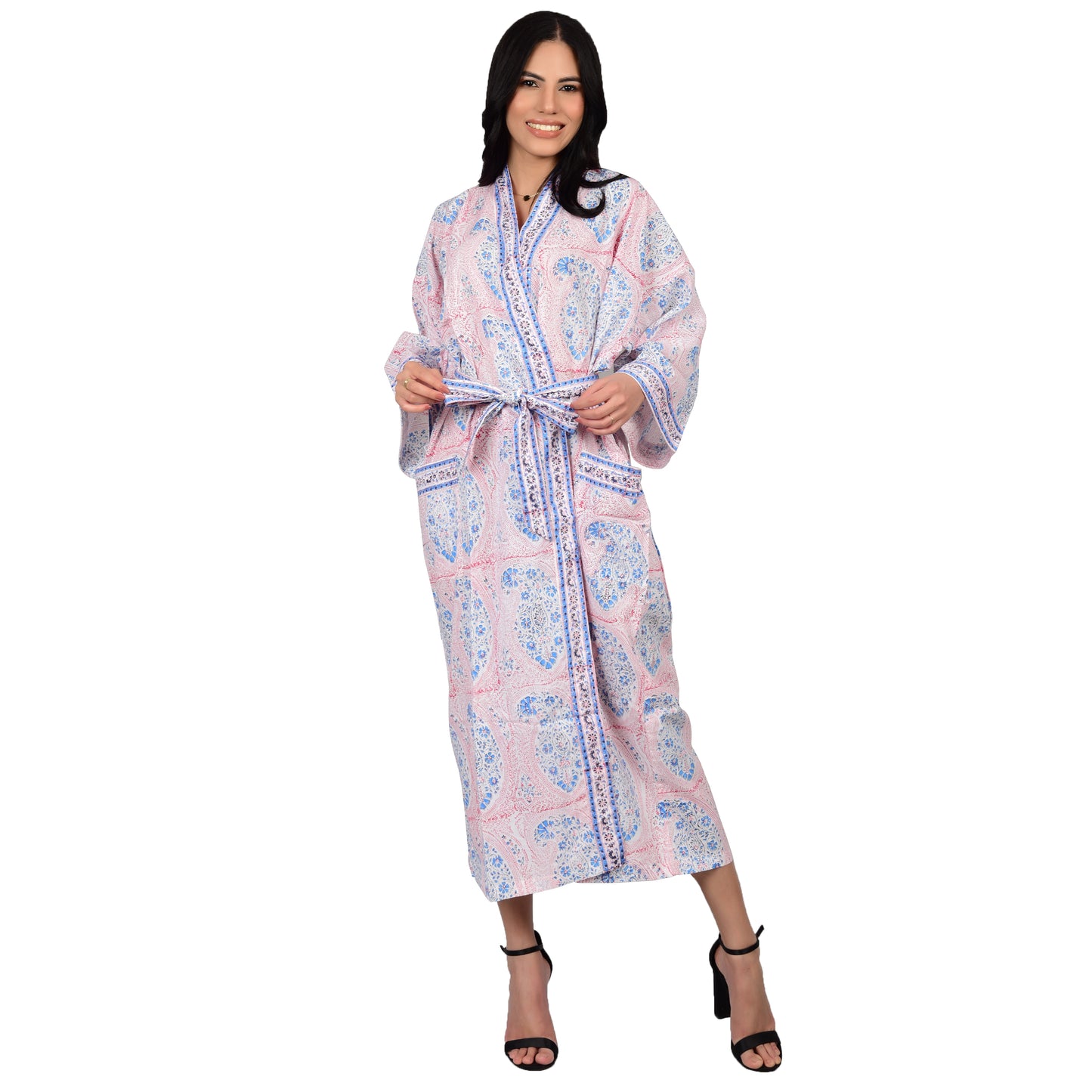 Hand Block Printed Sanganeri Jaipuri Floral Women Casual Kimono Dress Beach wear sleepwear belted dress
