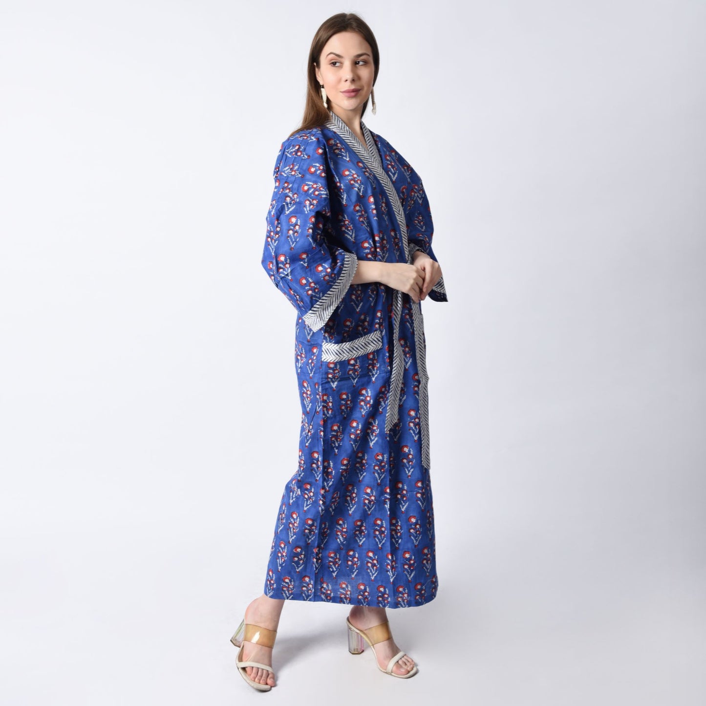 Hand Block Printed Sanganeri Jaipuri Floral Women Casual Kimono Dress Beach wear sleepwear belted dress