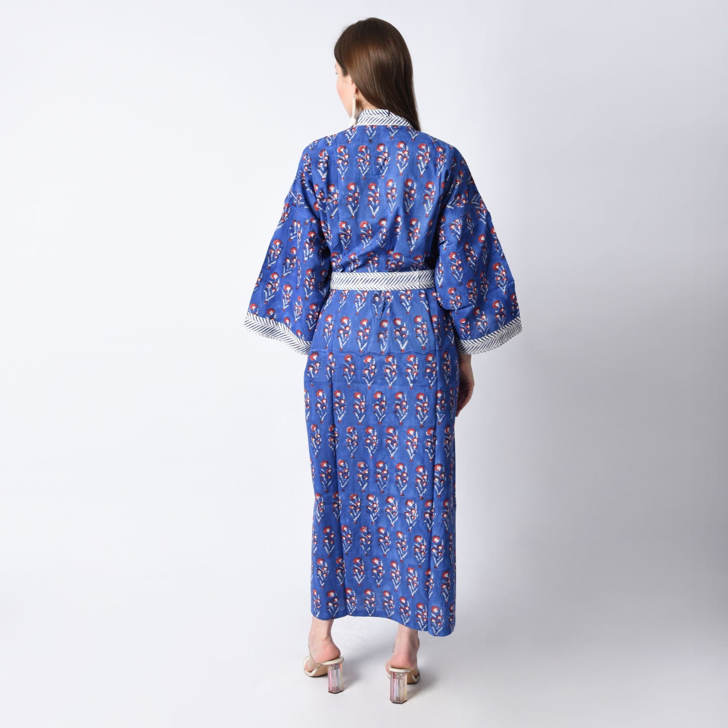 Hand Block Printed Sanganeri Jaipuri Floral Women Casual Kimono Dress Beach wear sleepwear belted dress