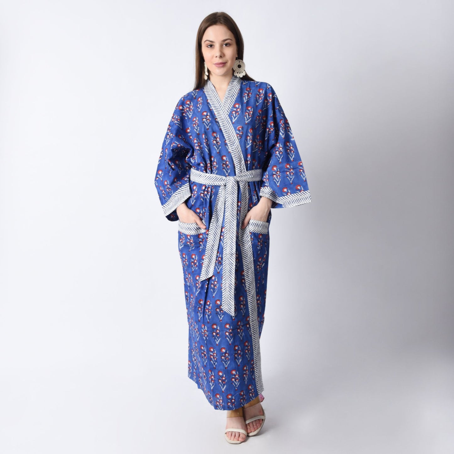 Hand Block Printed Sanganeri Jaipuri Floral Women Casual Kimono Dress Beach wear sleepwear belted dress