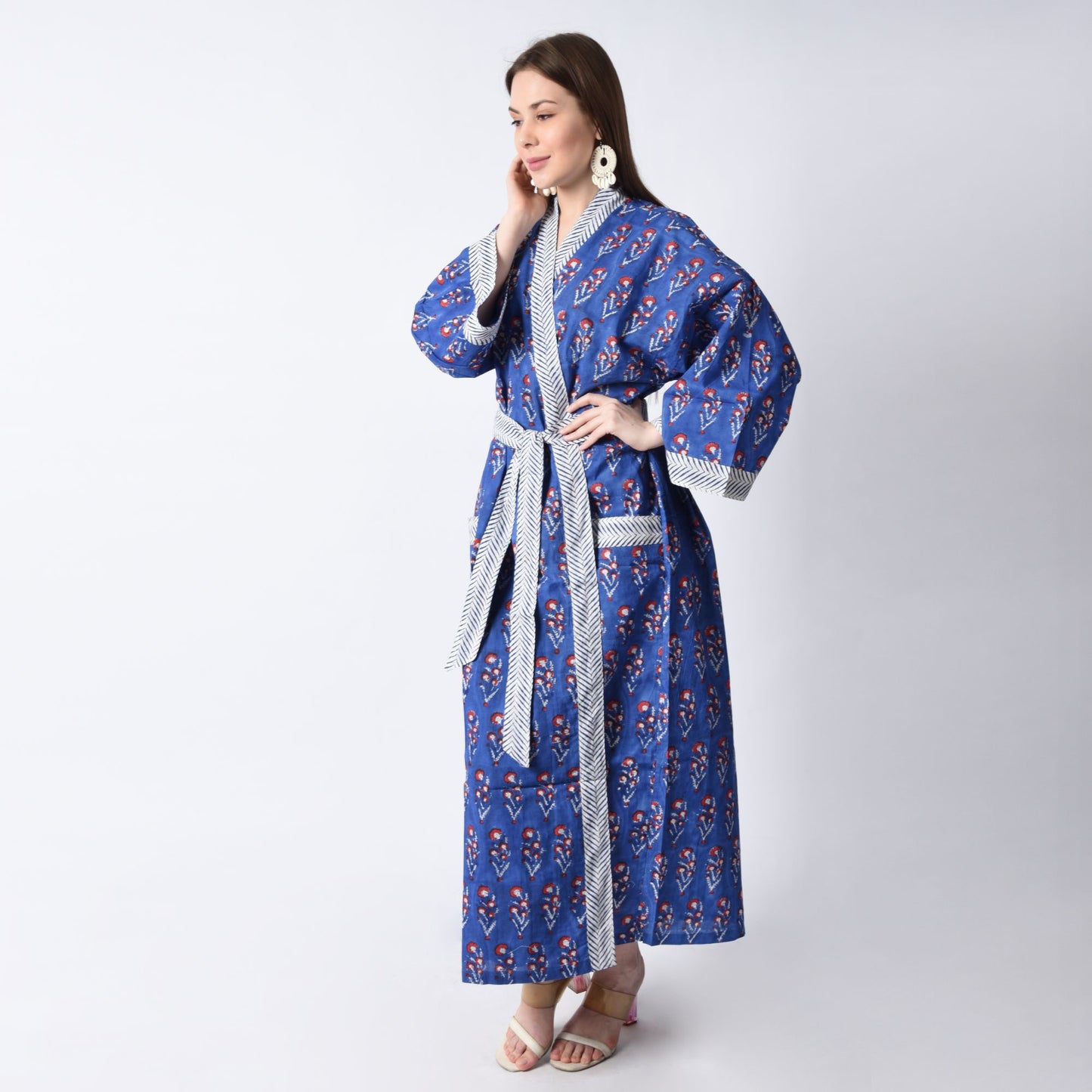 Hand Block Printed Sanganeri Jaipuri Floral Women Casual Kimono Dress Beach wear sleepwear belted dress