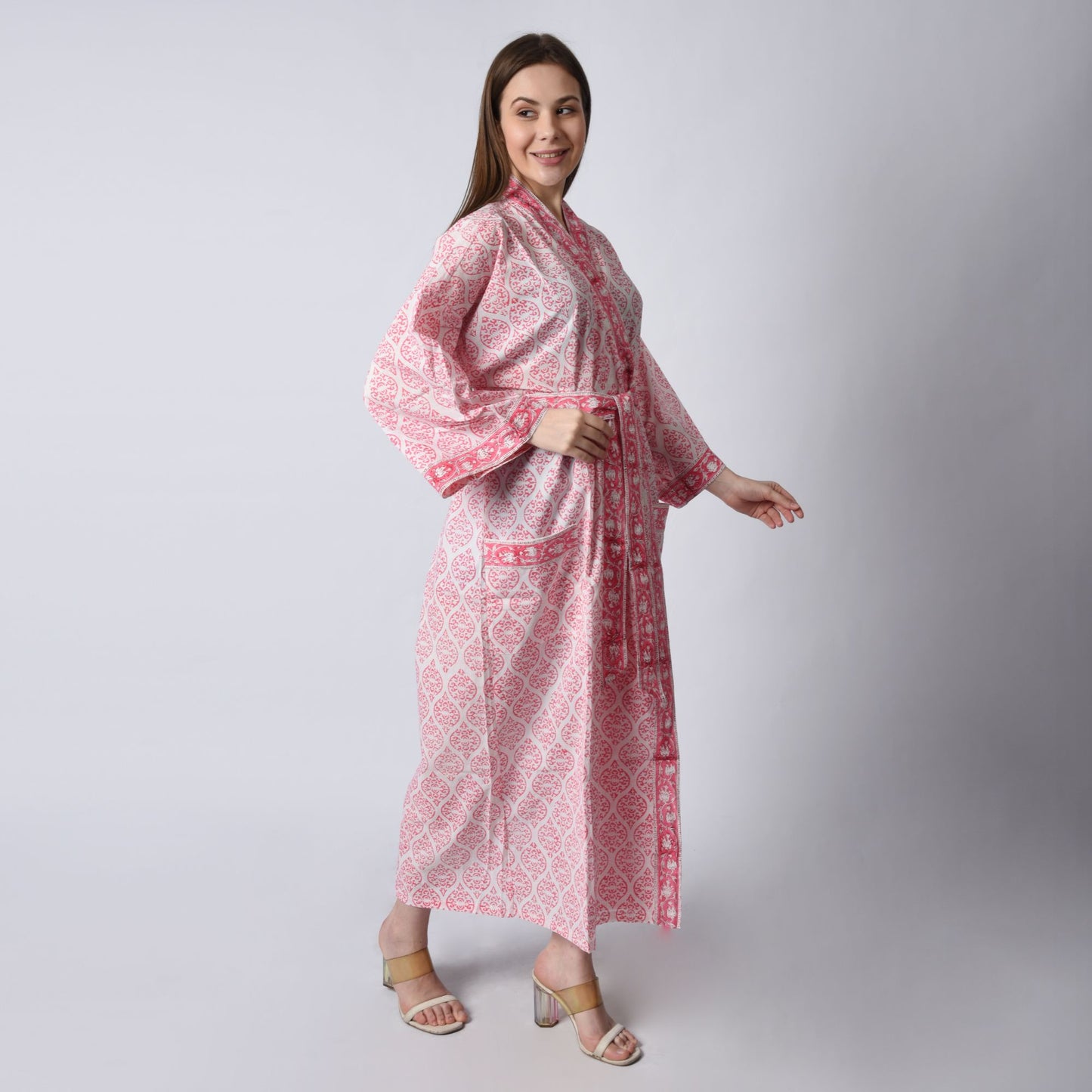 Hand Block Printed Sanganeri Jaipuri Floral Women Casual Kimono Dress Beach wear sleepwear belted dress