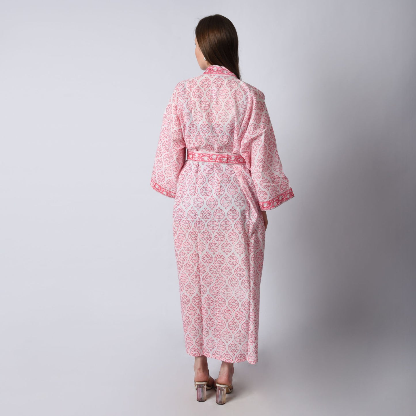 Hand Block Printed Sanganeri Jaipuri Floral Women Casual Kimono Dress Beach wear sleepwear belted dress