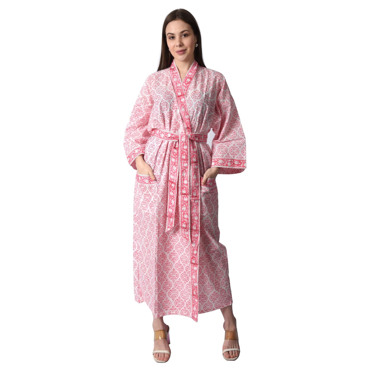 Hand Block Printed Sanganeri Jaipuri Floral Women Casual Kimono Dress Beach wear sleepwear belted dress