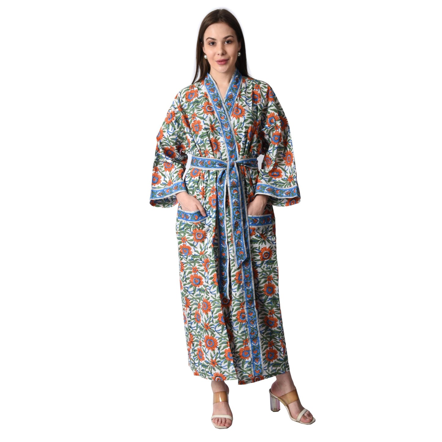 Hand Block Printed Sanganeri Jaipuri Floral Women Casual Kimono Dress Beach wear sleepwear belted dress