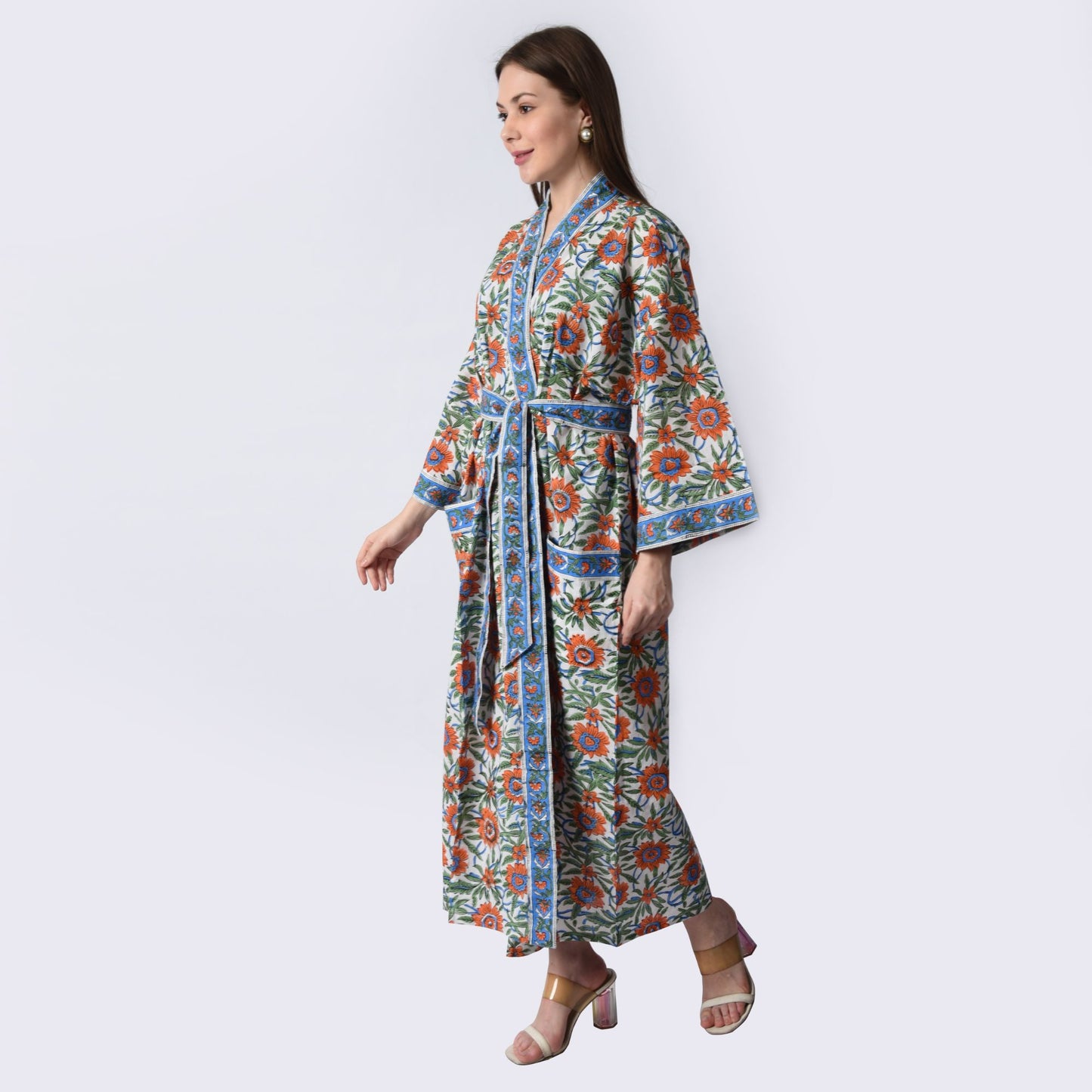 Hand Block Printed Sanganeri Jaipuri Floral Women Casual Kimono Dress Beach wear sleepwear belted dress