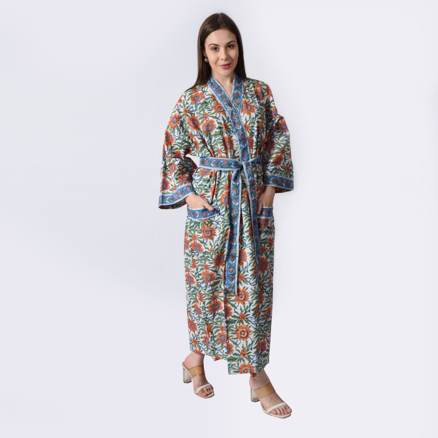 Hand Block Printed Sanganeri Jaipuri Floral Women Casual Kimono Dress Beach wear sleepwear belted dress