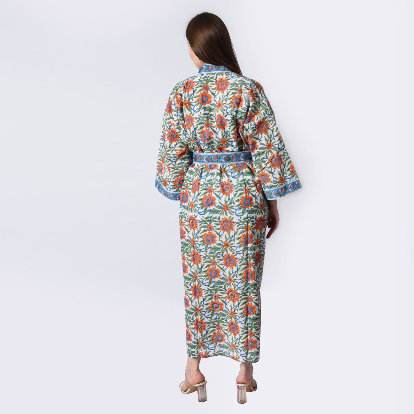 Hand Block Printed Sanganeri Jaipuri Floral Women Casual Kimono Dress Beach wear sleepwear belted dress