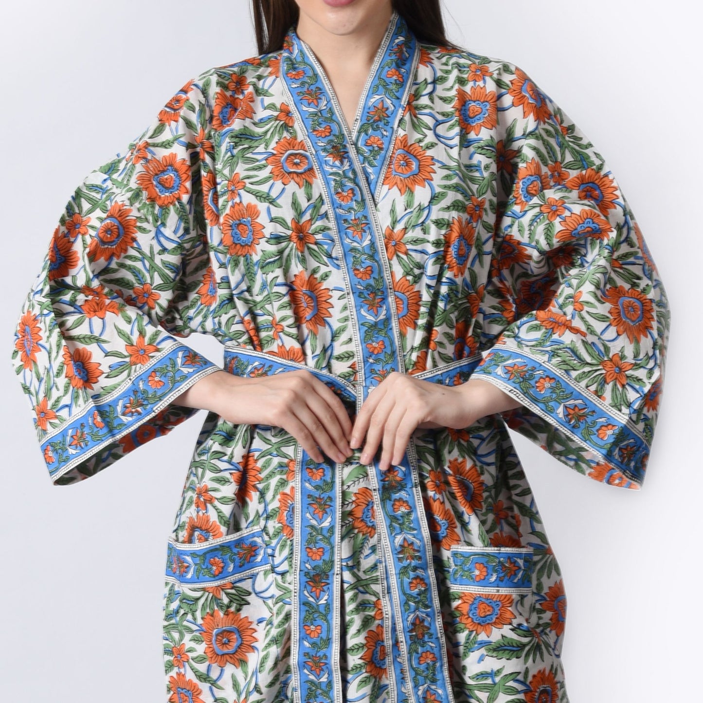 Hand Block Printed Sanganeri Jaipuri Floral Women Casual Kimono Dress Beach wear sleepwear belted dress