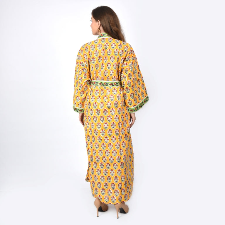 Hand Block Printed Sanganeri Jaipuri Floral Women Casual Kimono Dress Beach wear sleepwear belted dress