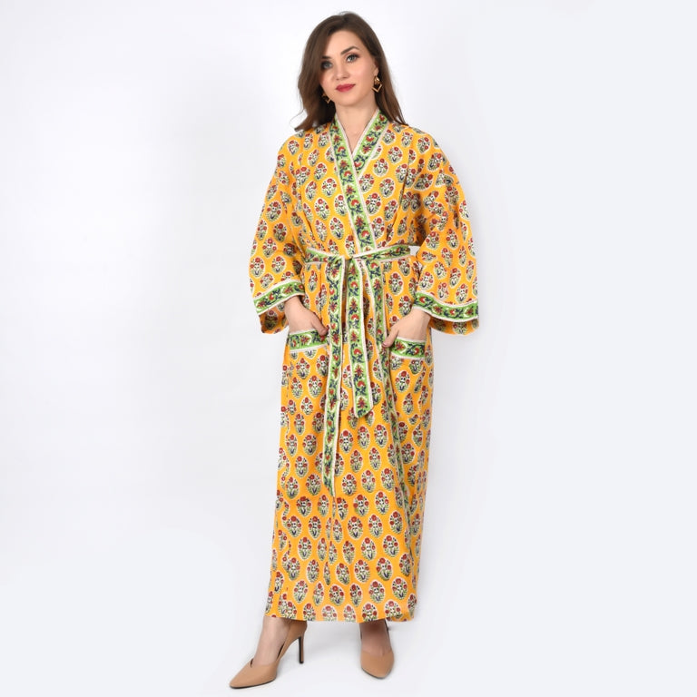 Hand Block Printed Sanganeri Jaipuri Floral Women Casual Kimono Dress Beach wear sleepwear belted dress