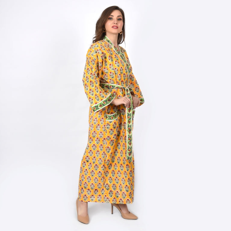 Hand Block Printed Sanganeri Jaipuri Floral Women Casual Kimono Dress Beach wear sleepwear belted dress