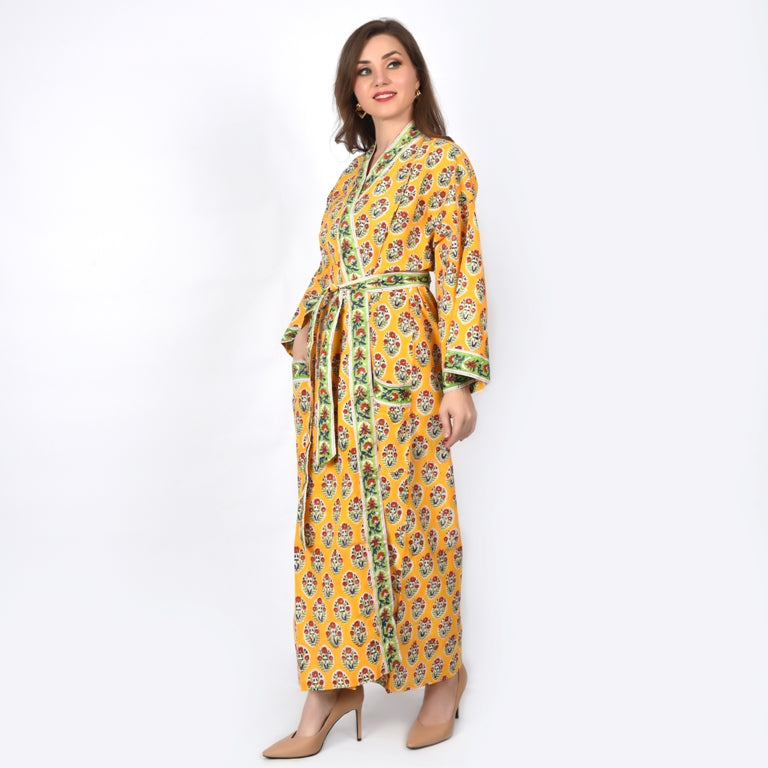 Hand Block Printed Sanganeri Jaipuri Floral Women Casual Kimono Dress Beach wear sleepwear belted dress